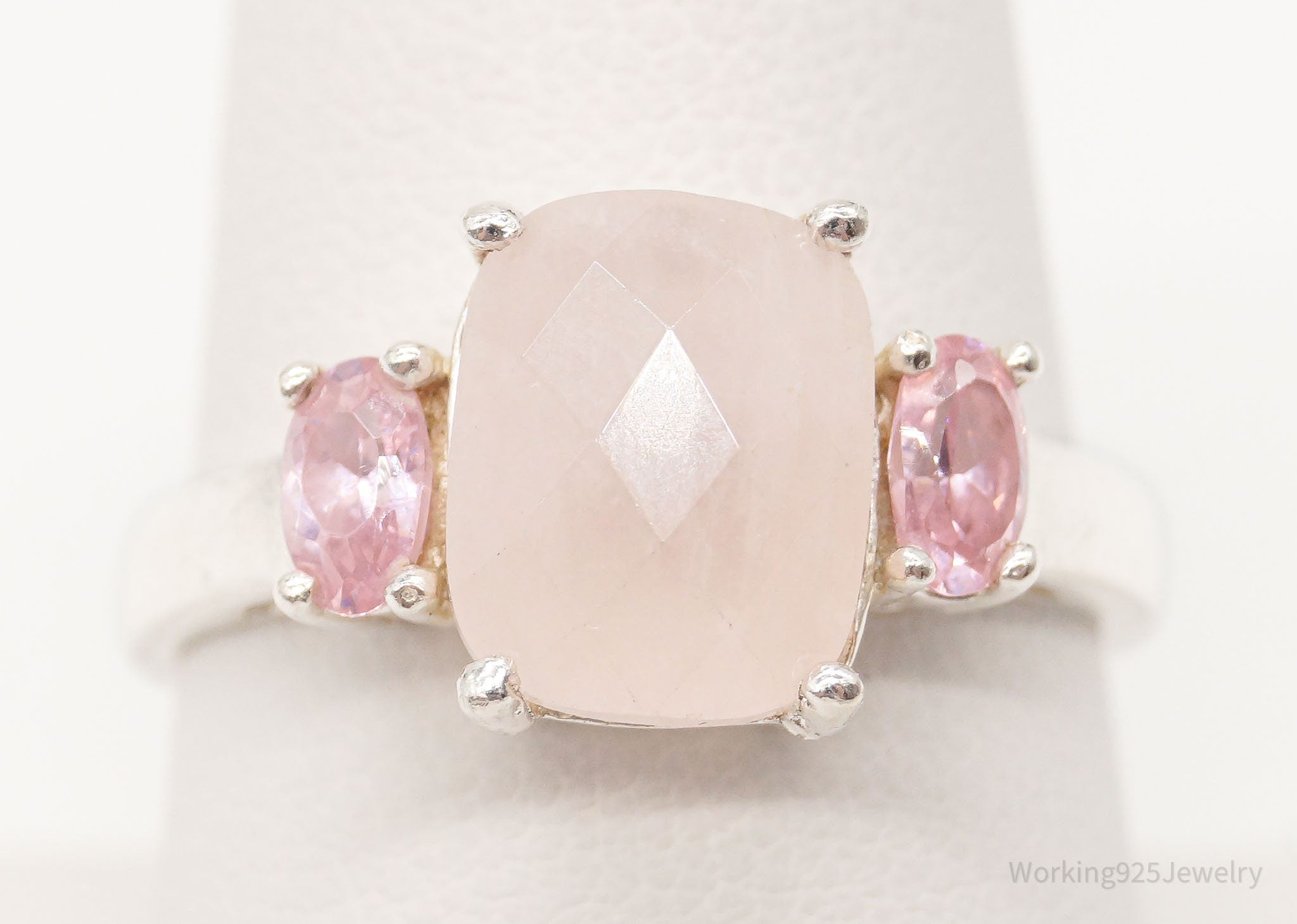 Vintage Rose Quartz Pink Topaz Sterling Silver Ring - Size 8.75