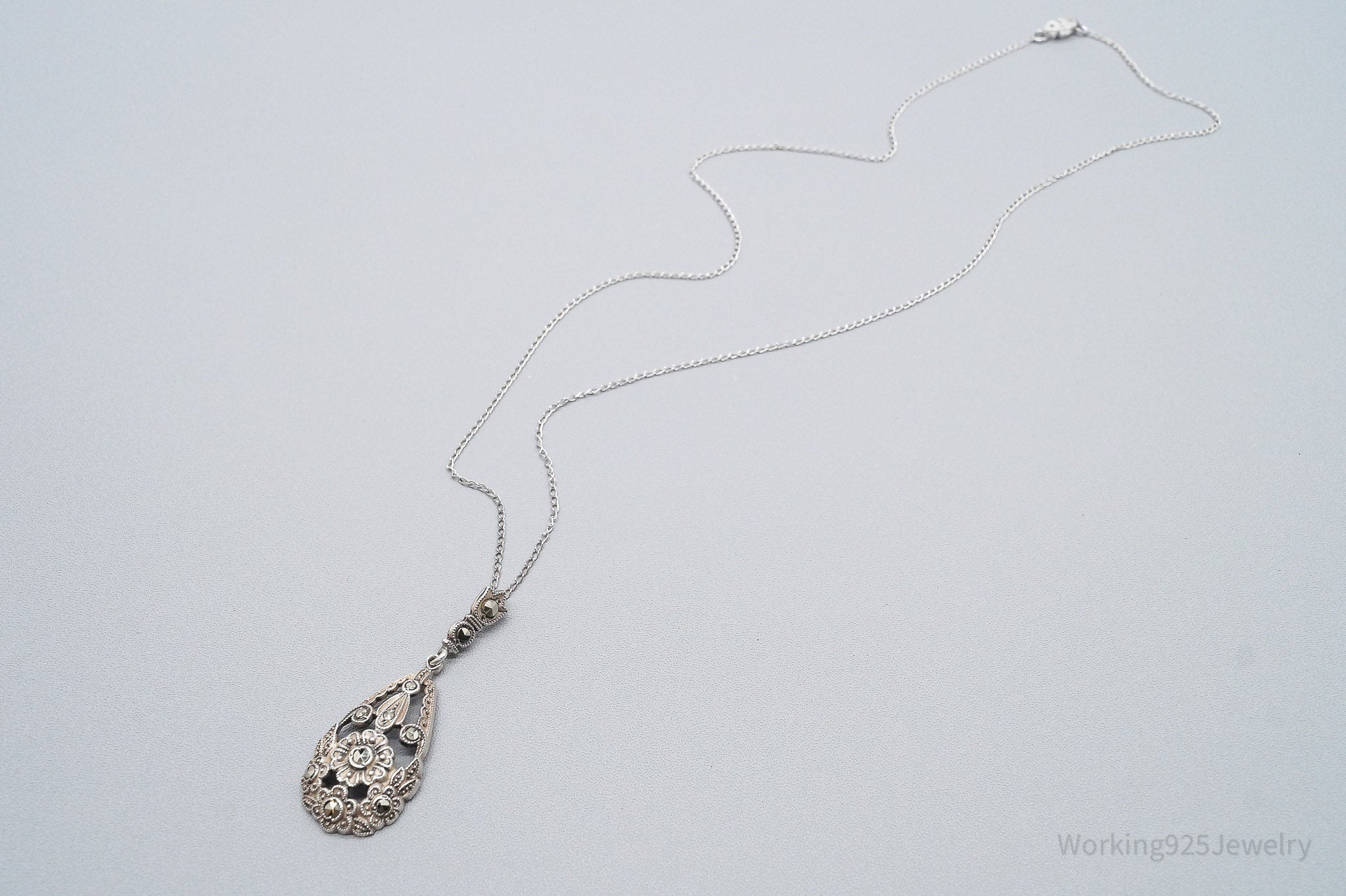 Antique German Lavaliere Floral Marcasite Sterling Silver Necklace 17"