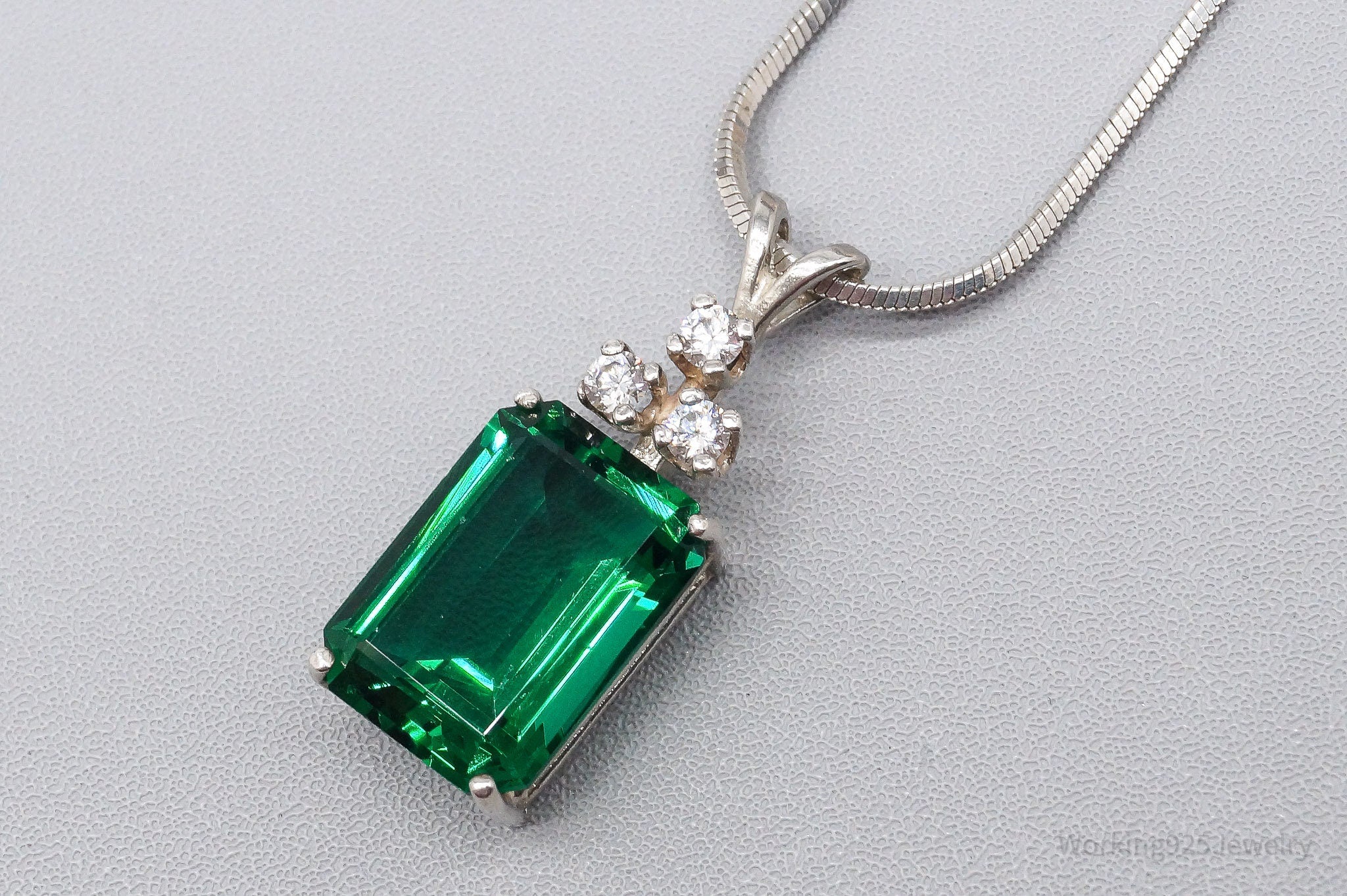 Vintage Lab Emerald Cubic Zirconia Sterling Silver Necklace 20"