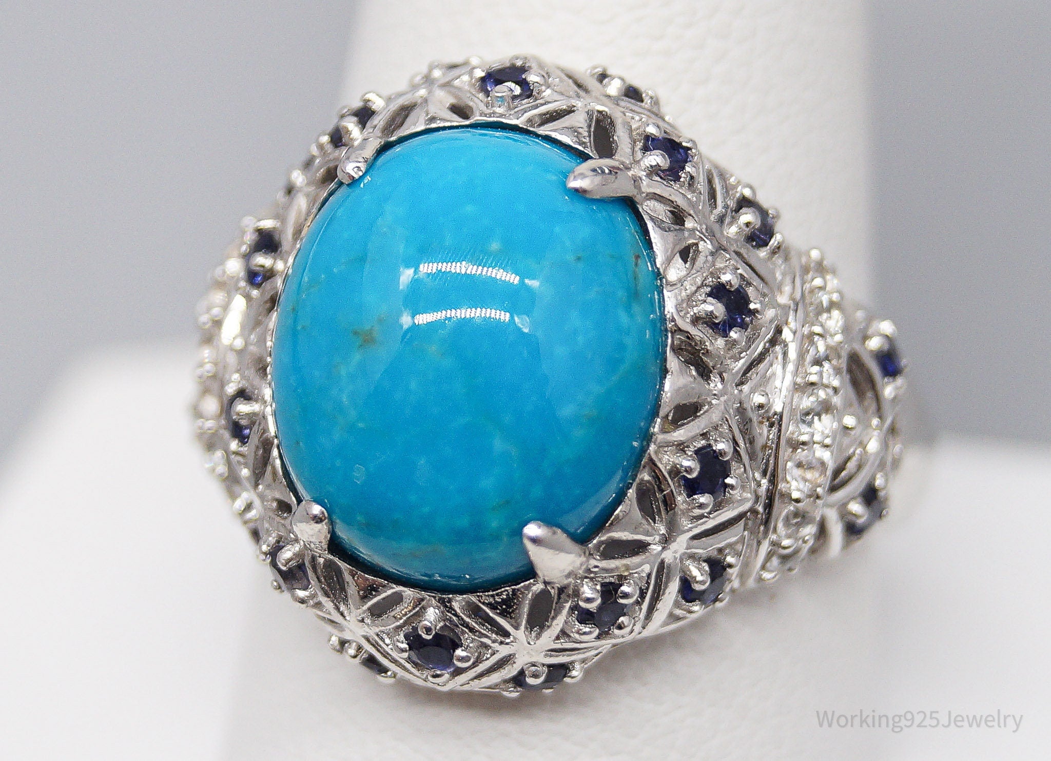 Vintage Turquoise Iolite Cubic Zirconia Sterling Silver Ring - Size 10