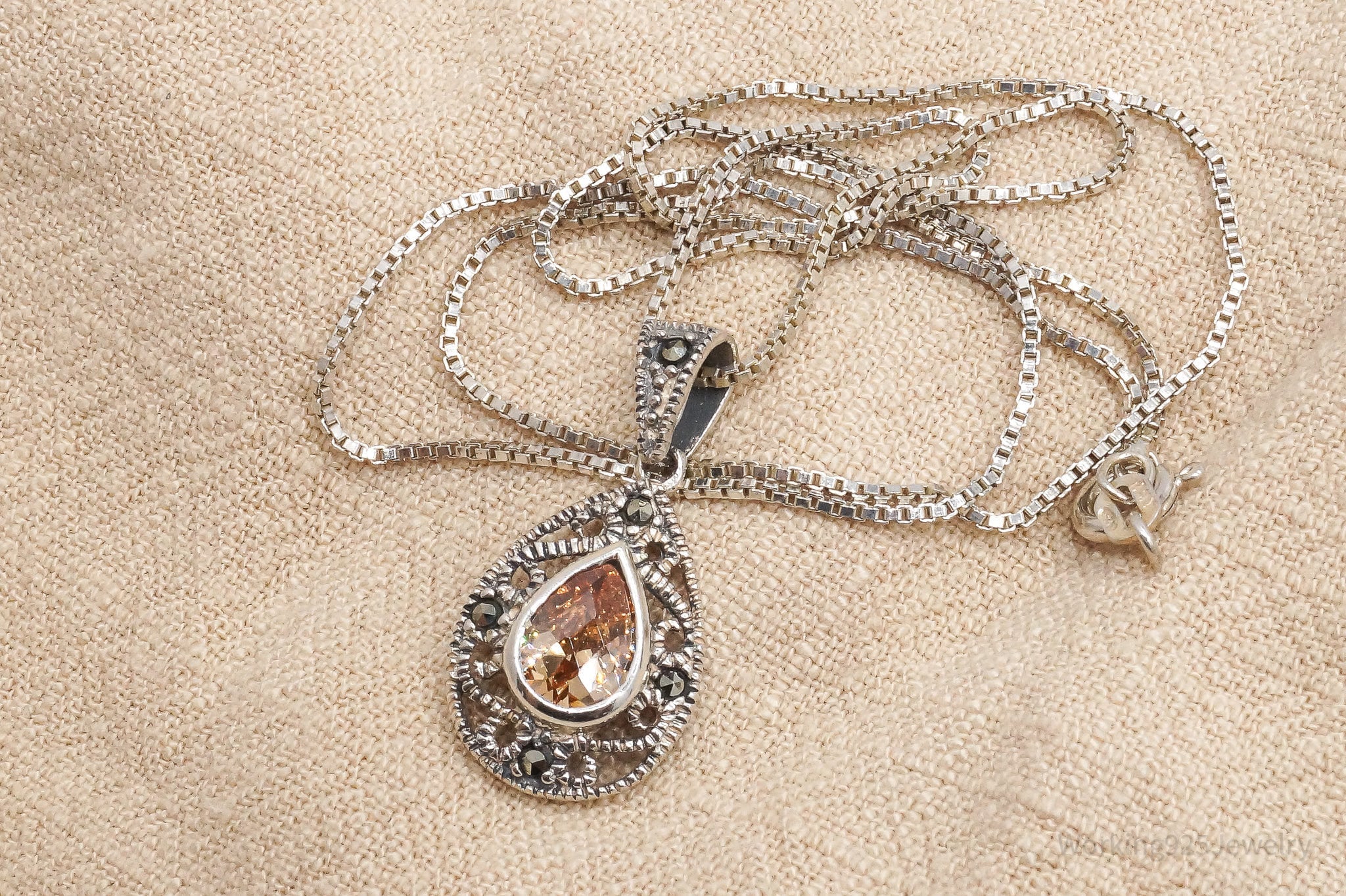 Vintage Champagne Cubic Zirconia & Marcasite Sterling Silver Necklace 18"