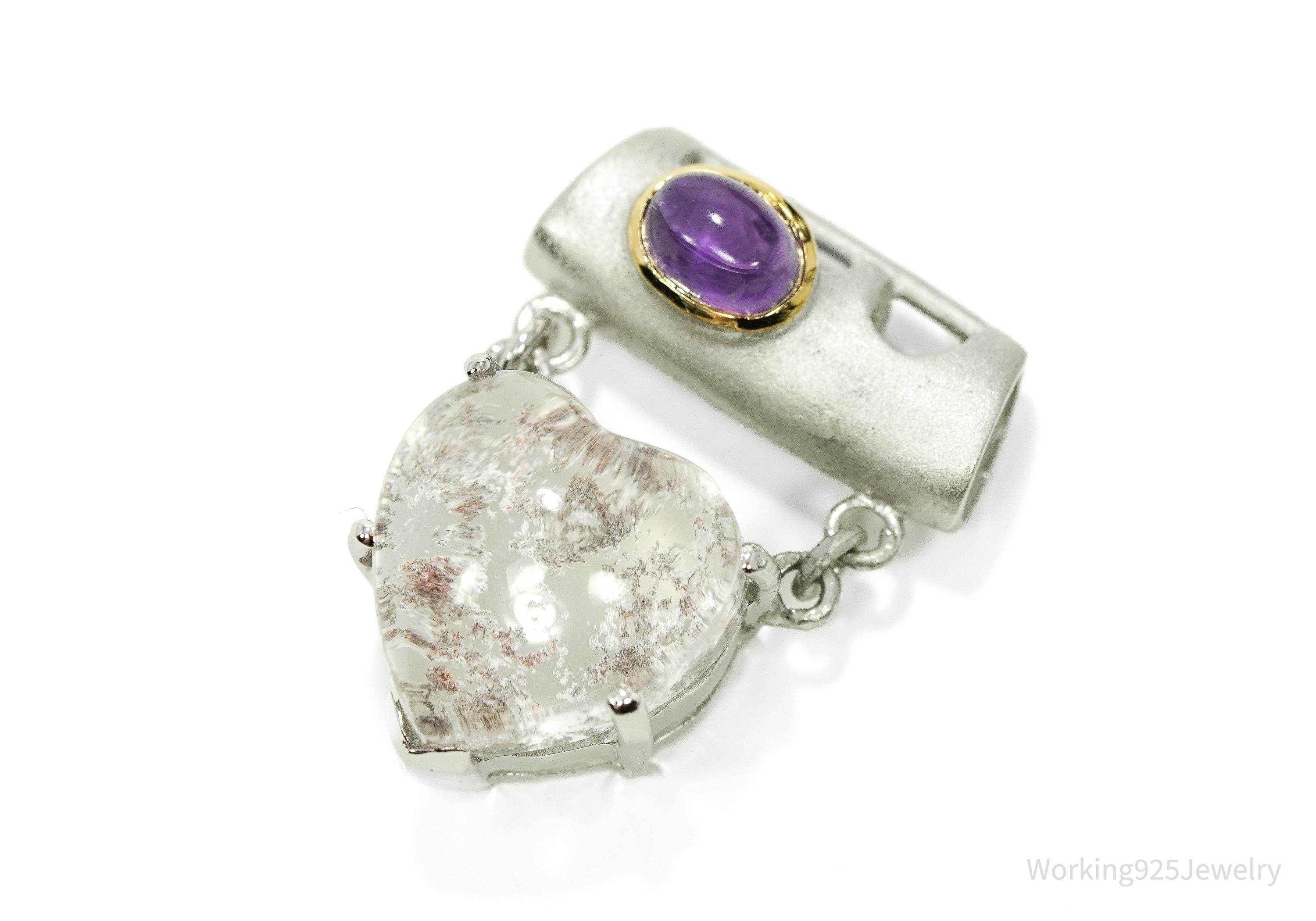 Vintage Amethyst & Crystal Heart Gold Vermeil Sterling Silver Necklace Pendant