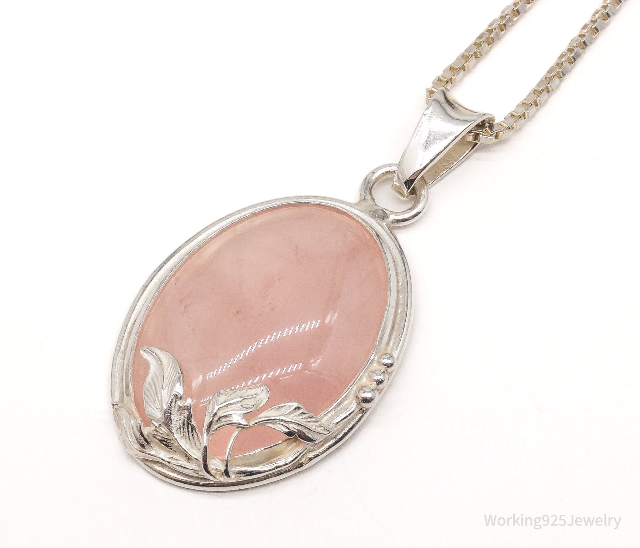 Vintage Large Rose Quartz Sterling Silver Necklace 18"