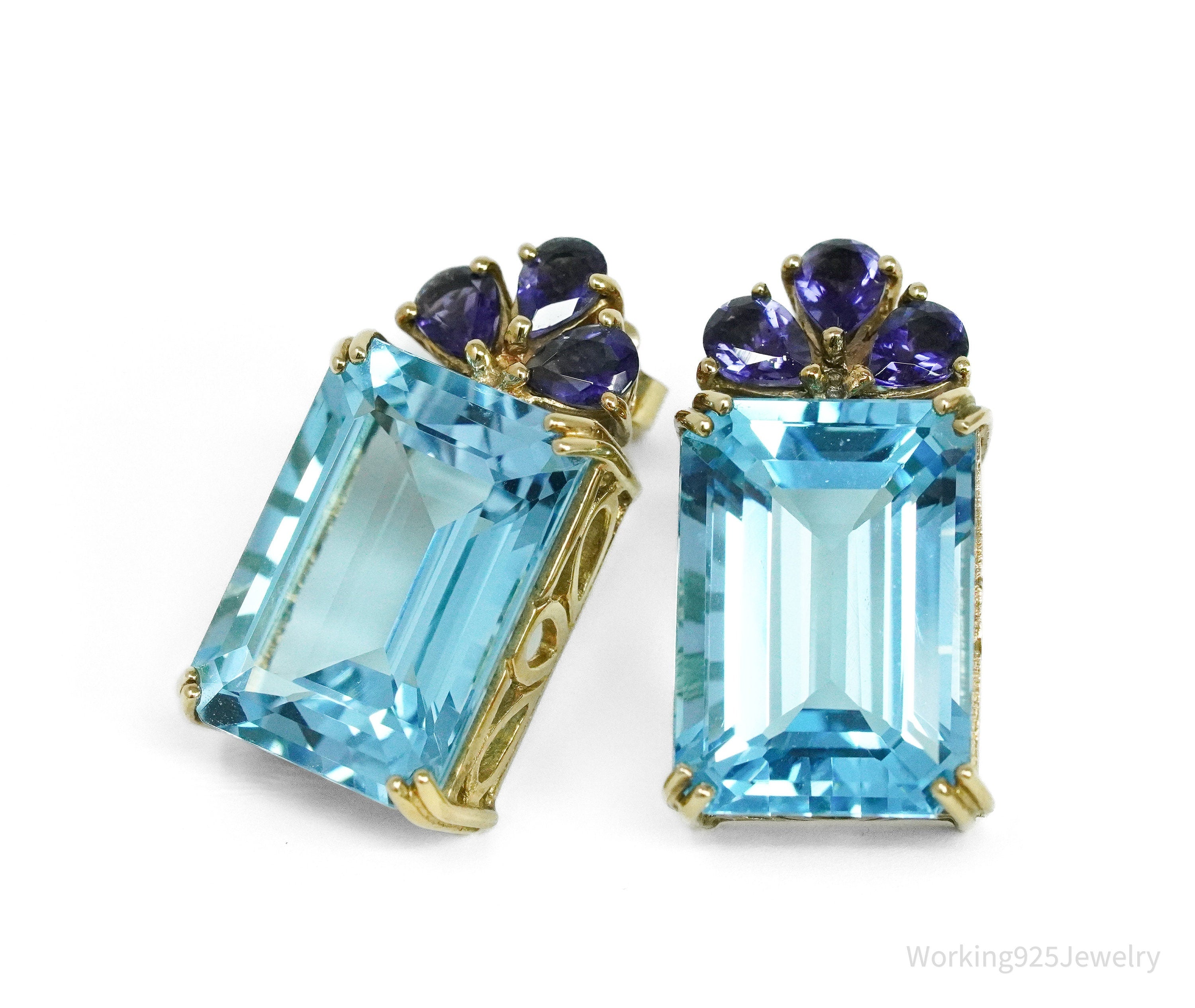 14K Yellow Gold, Natural Blue Topaz, & Natural Iolite Earrings