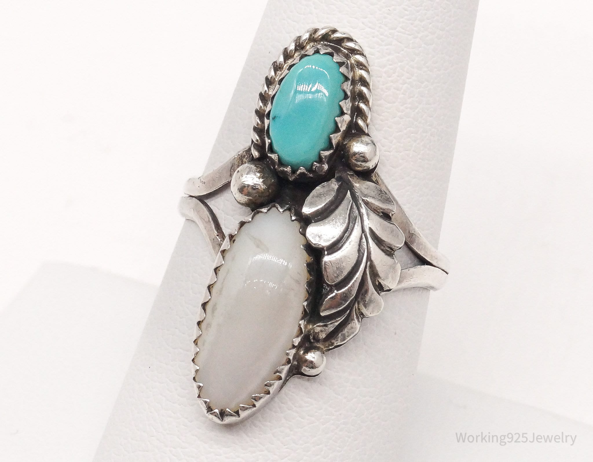 Vintage Native American Turquoise Mother Of Pearl Silver Ring - Size 7.75