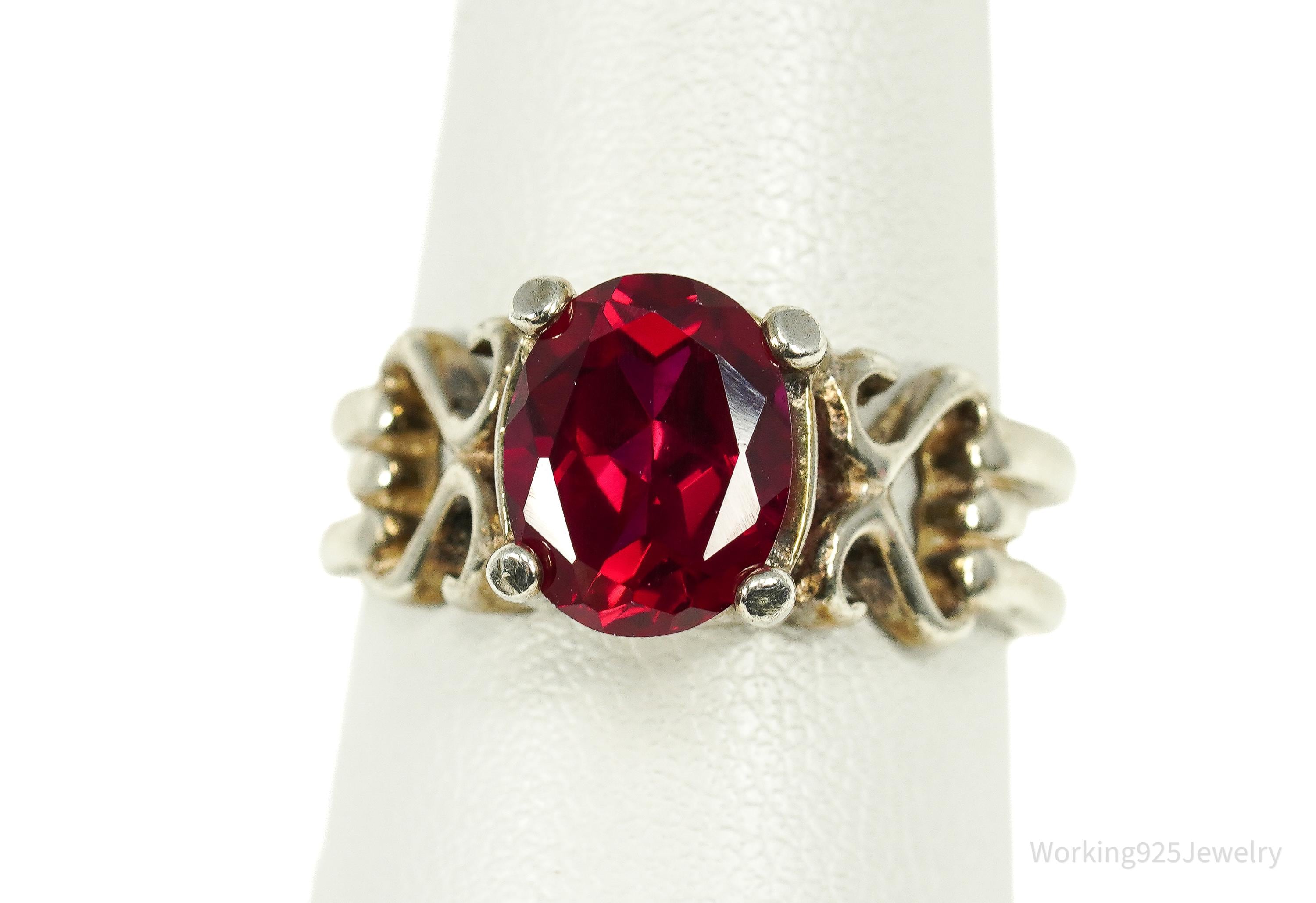 Vintage Lab Ruby Sterling Silver Ring - Size 8.25