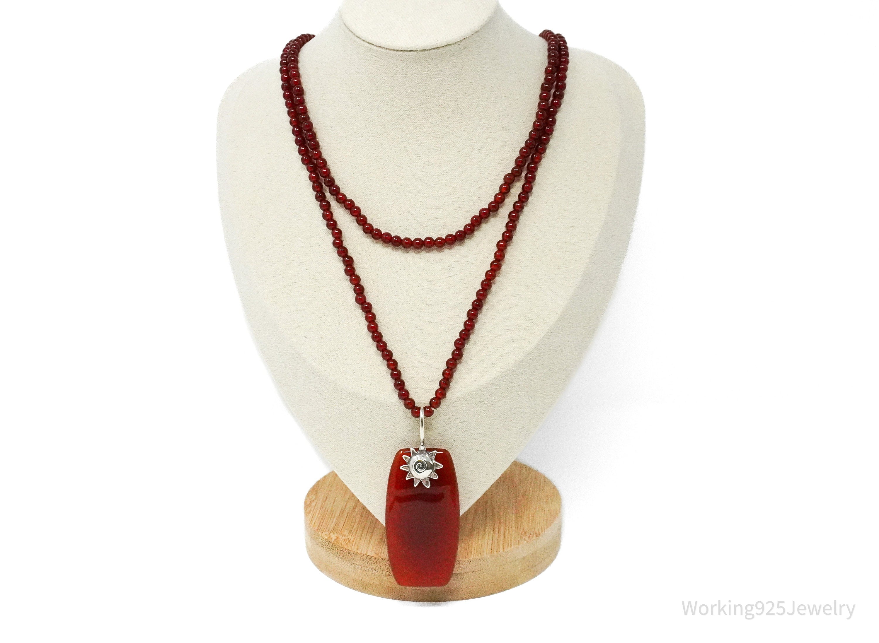 Vintage Carnelian Sterling Silver Necklace 36"