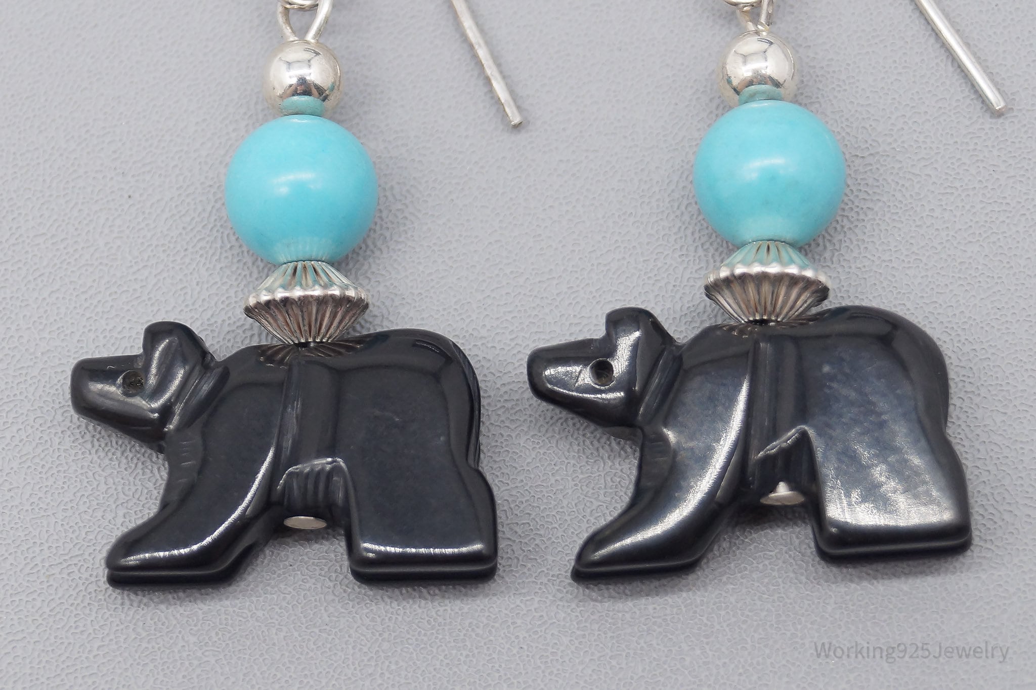 Vintage Turquoise & Carved Black Onyx Bears Sterling Silver Earrings