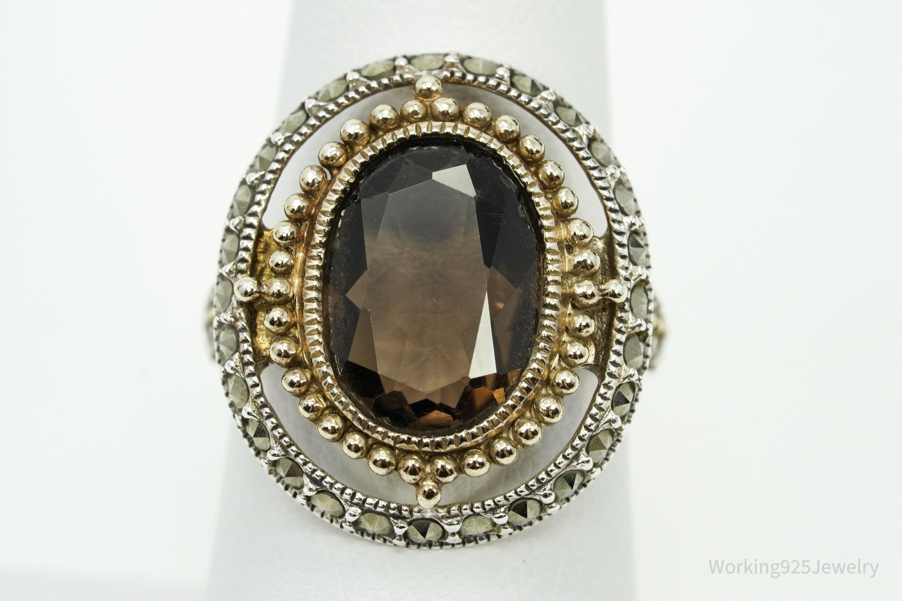 Vintage Designer Judith Jack Smoky Topaz & Marcasite Gold Vermeil Sterling Silver Ring Size 7.25