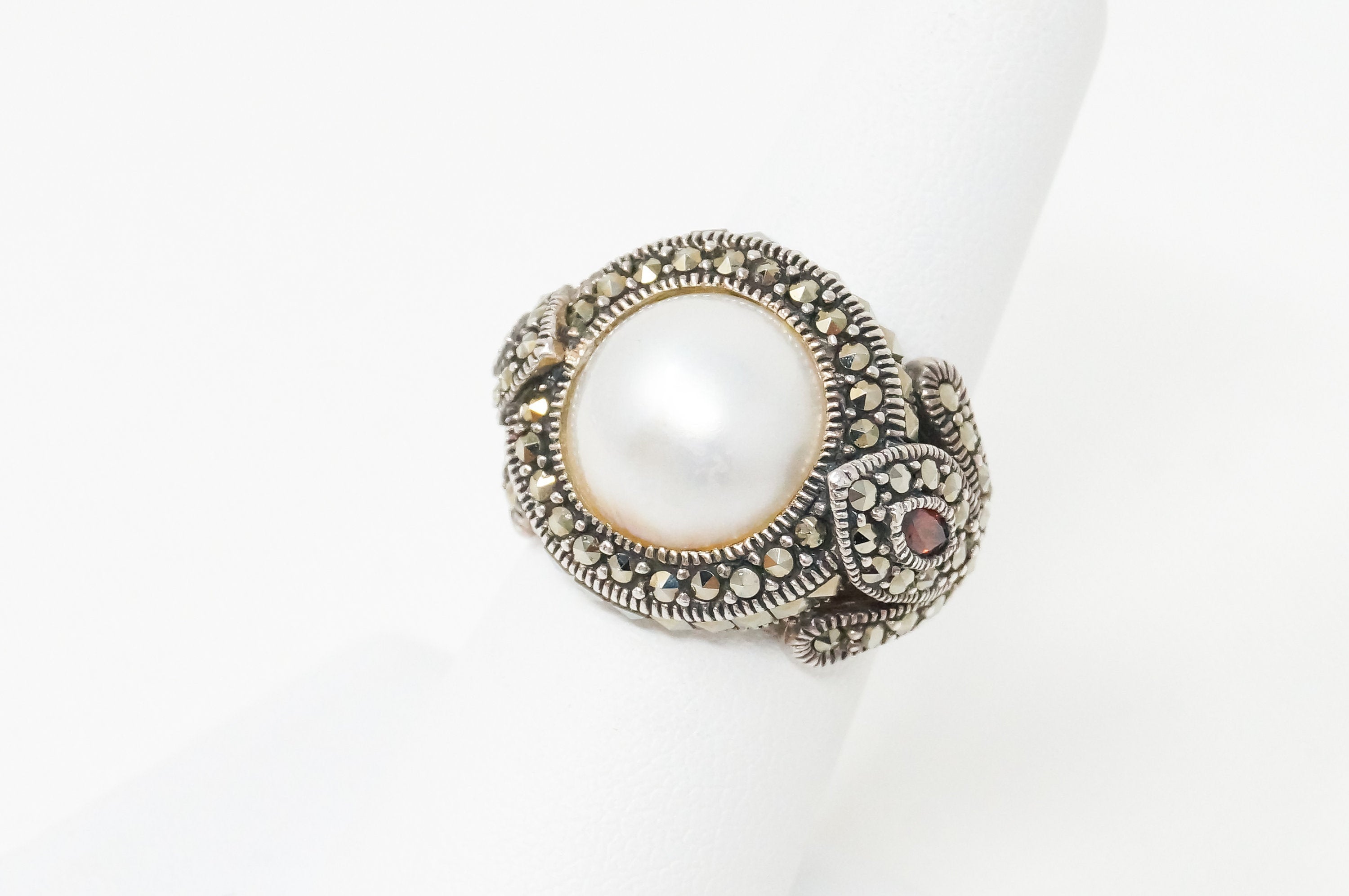 Vintage Pearl Marcasite Art Deco Style Ring Sterling Silver Sz 6.75