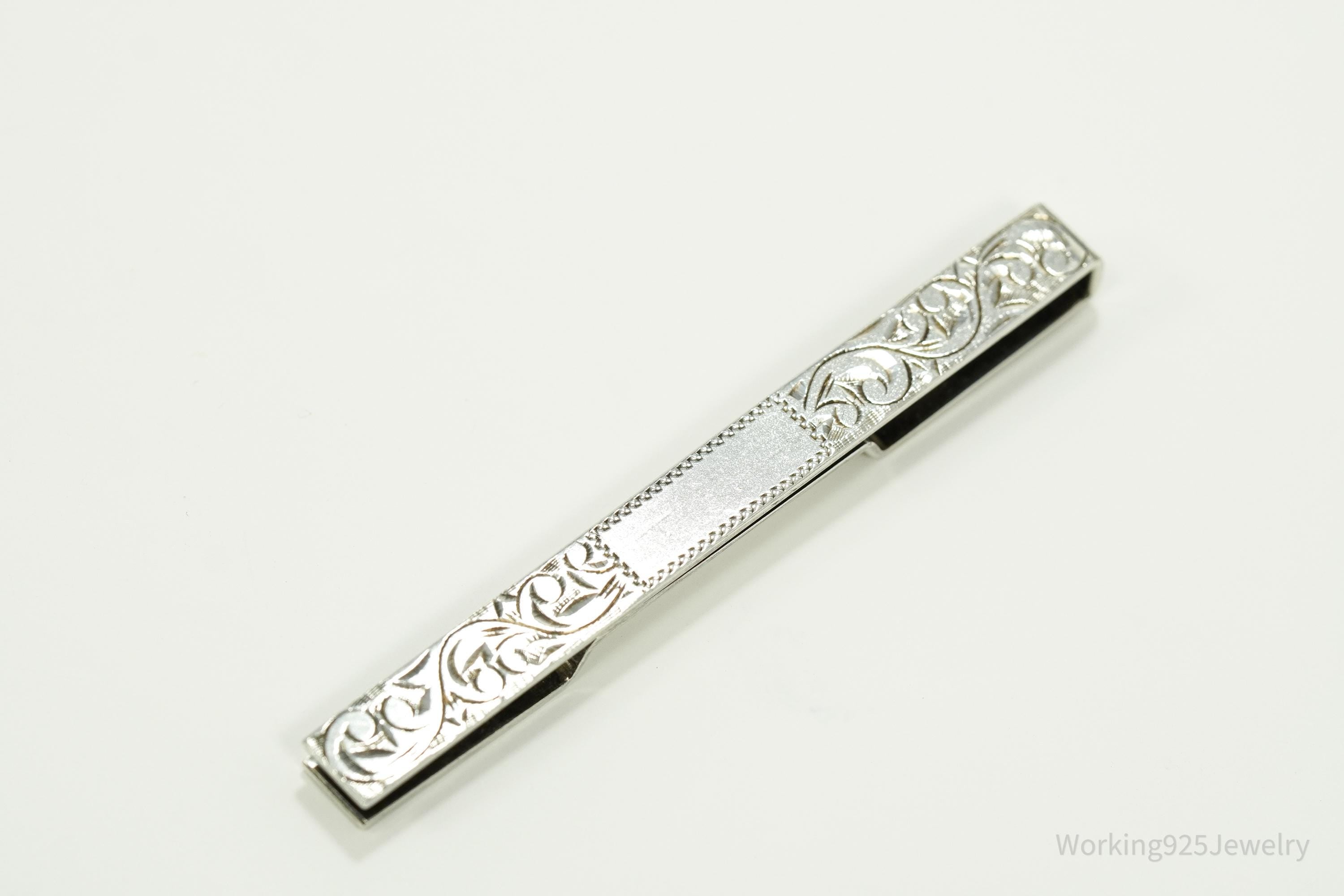 Vintage Floral Etched 950 Sterling Silver Money Tie Money Clip