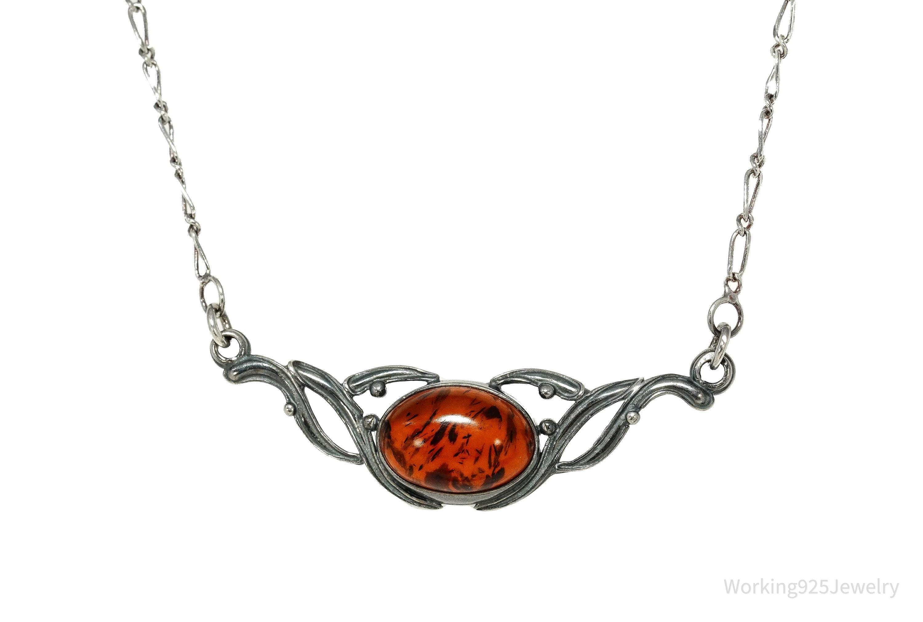 Vintage Amber Sterling Silver Necklace 16"