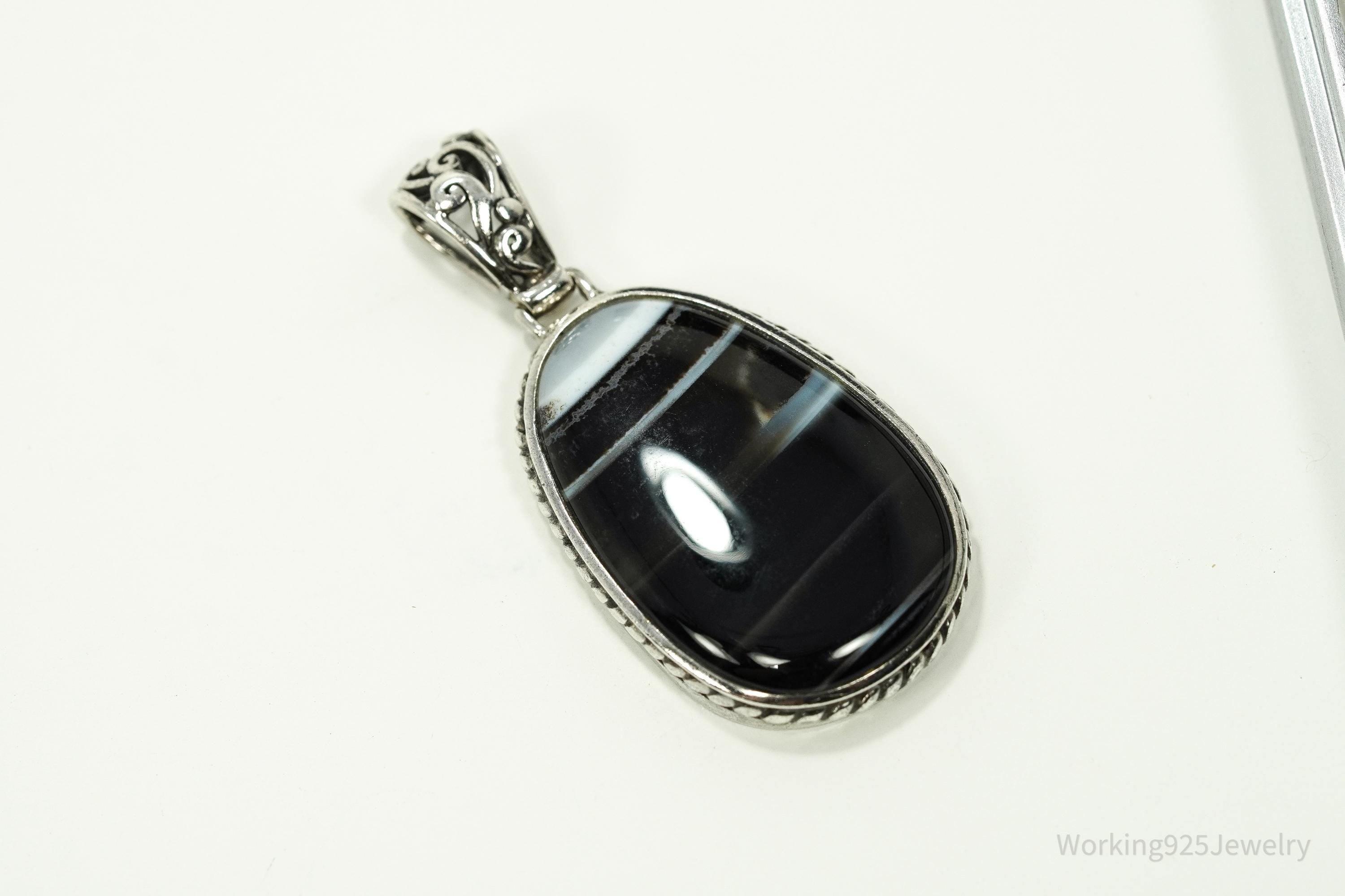 Vintage Large Black Lace Agate Sterling Silver Pendant