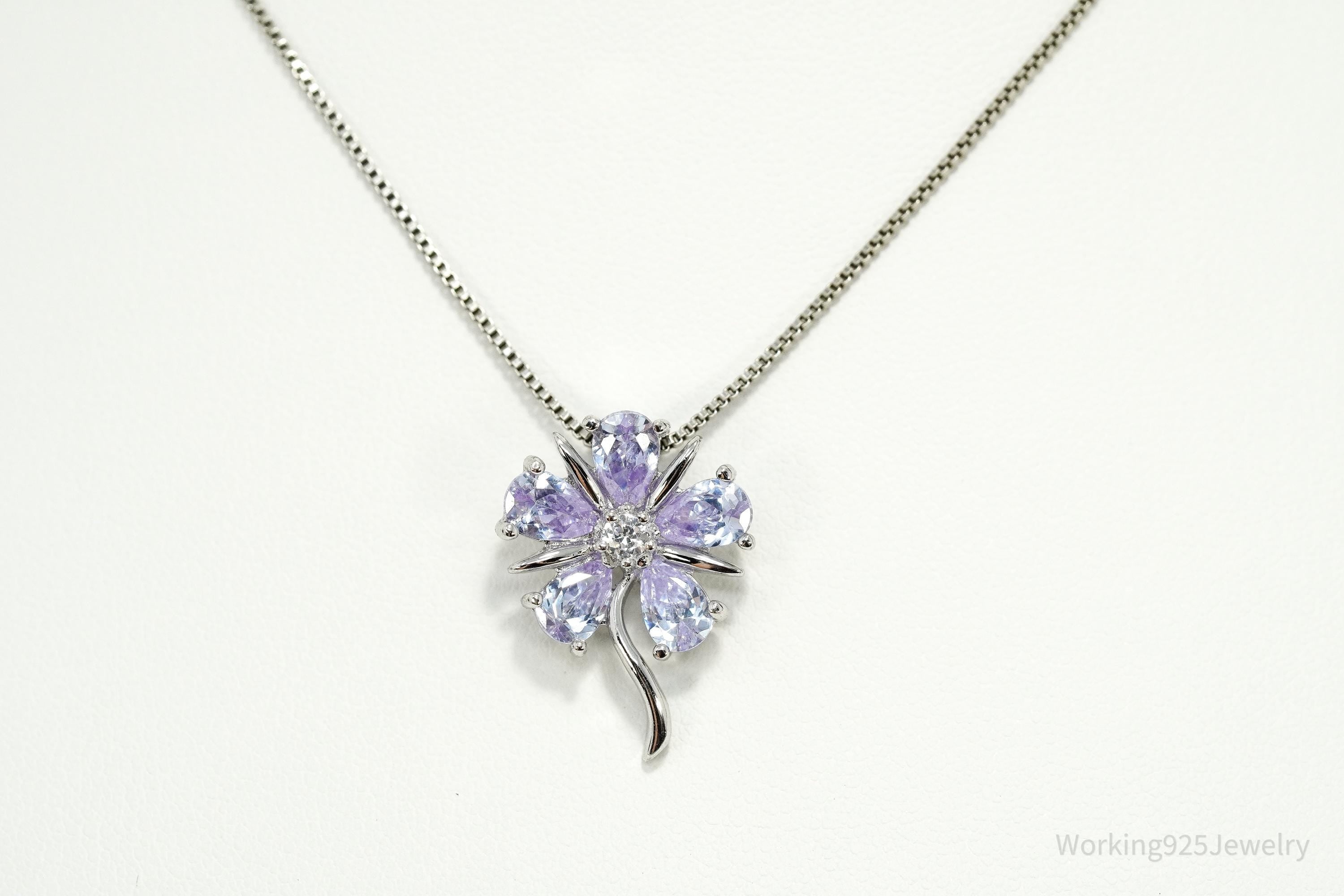 Vintage Periwinkle & White Cubic Zirconia Sterling Silver Flower Necklace - 18"