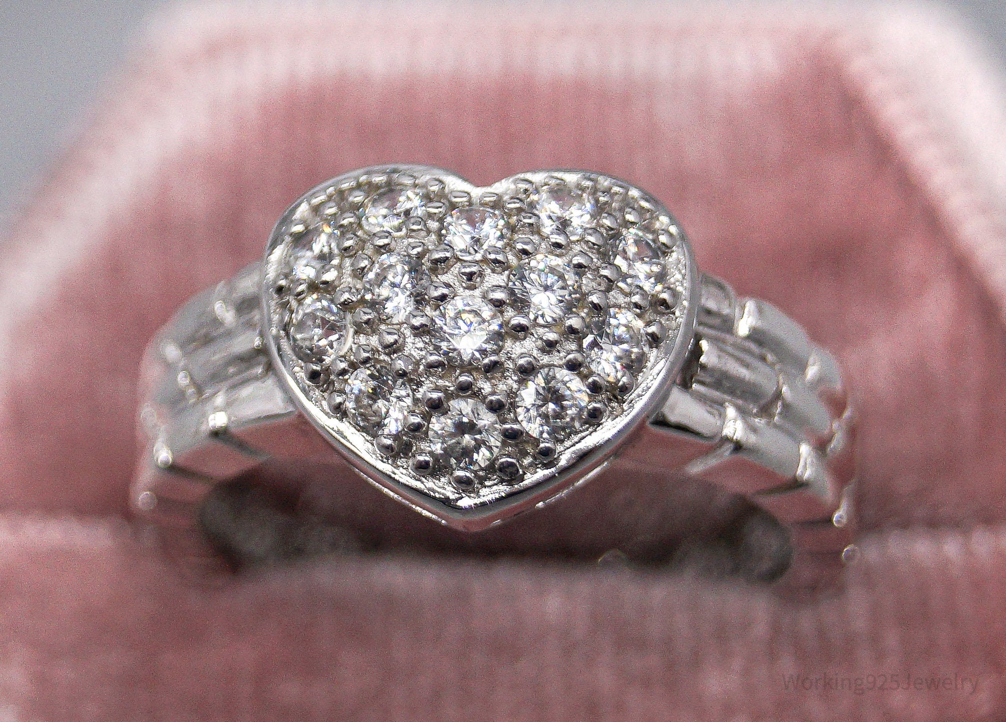 Vintage Cubic Zirconia Heart Sterling Silver Ring - Size 7