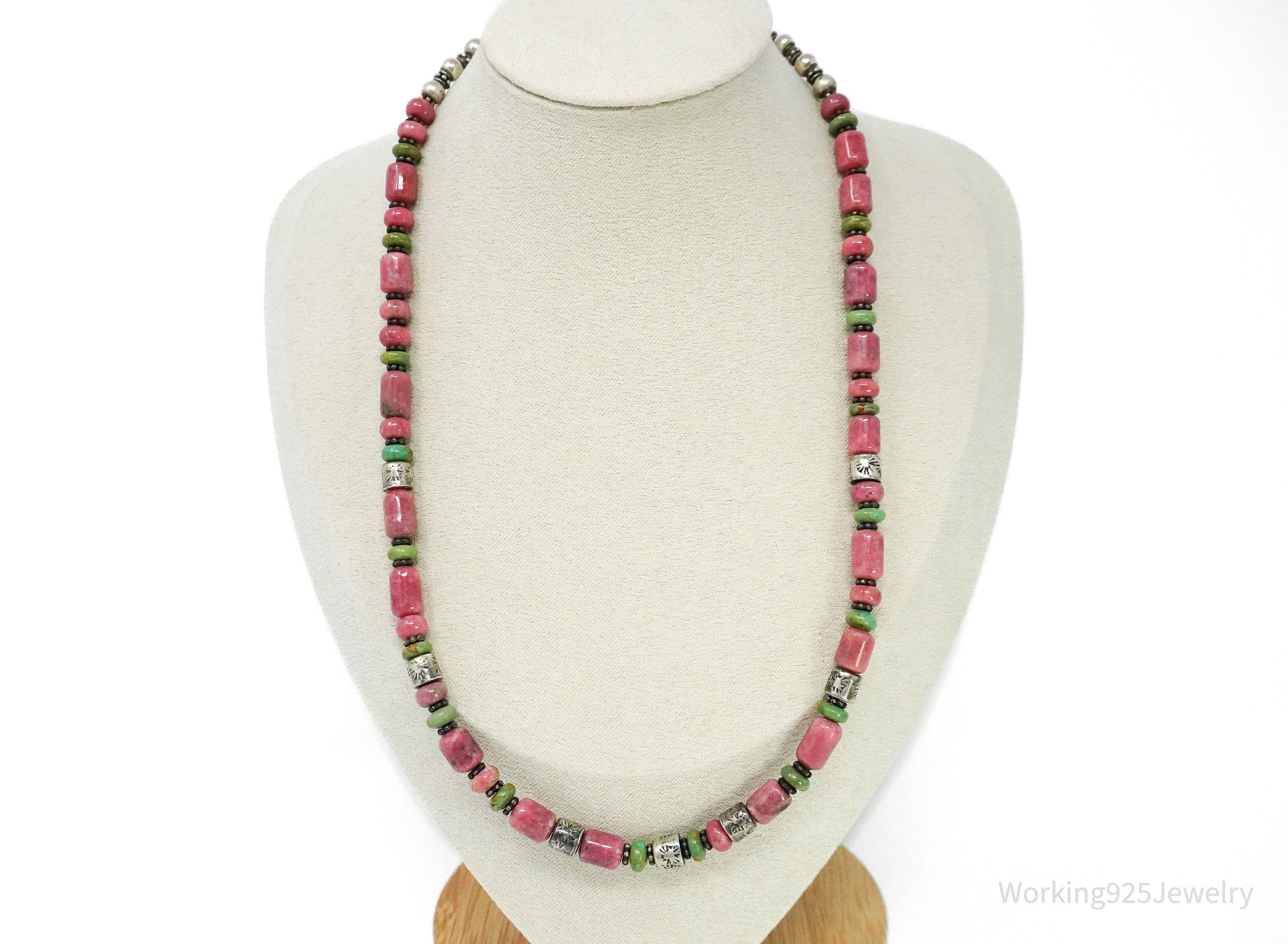 Vintage Western Rhodonite & Turquoise Bead Sterling Silver Necklace 19"