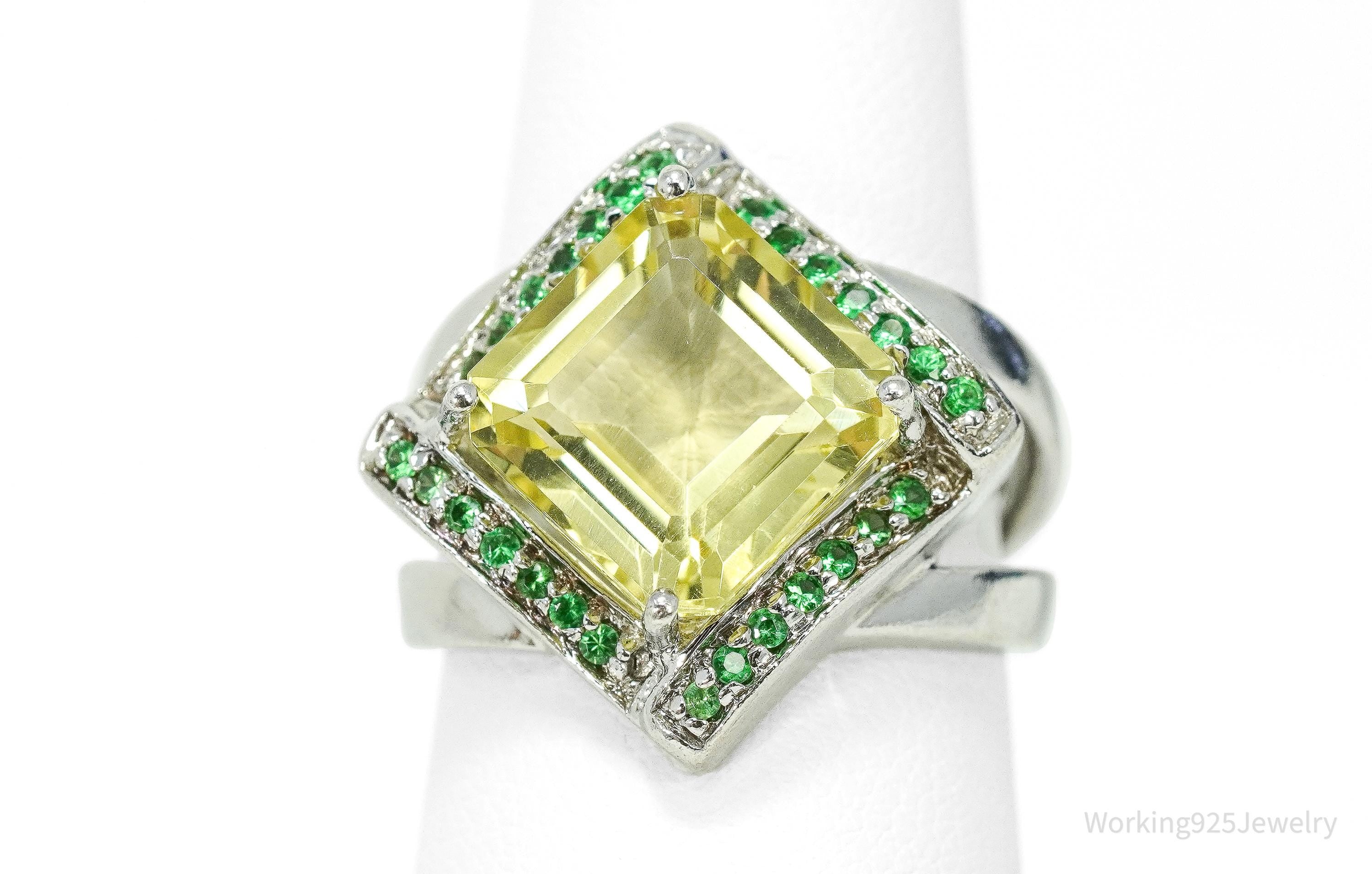 Vintage Lemon Citrine & Emerald Sterling Silver Ring Size 7