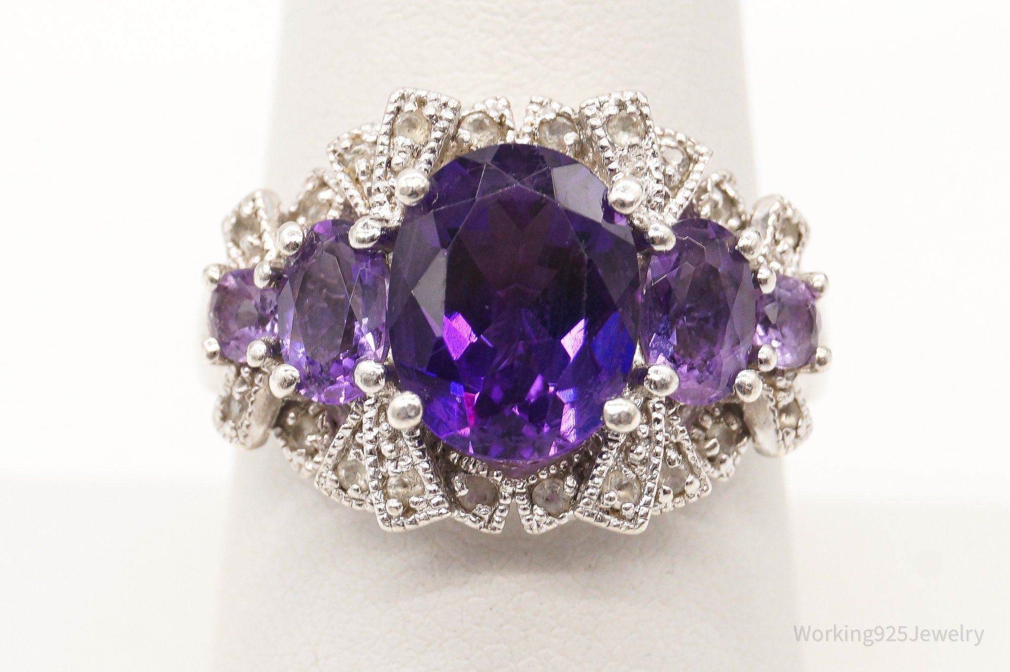 Vintage Amethyst Cubic Zirconia Sterling Silver Ring - Size 7.75