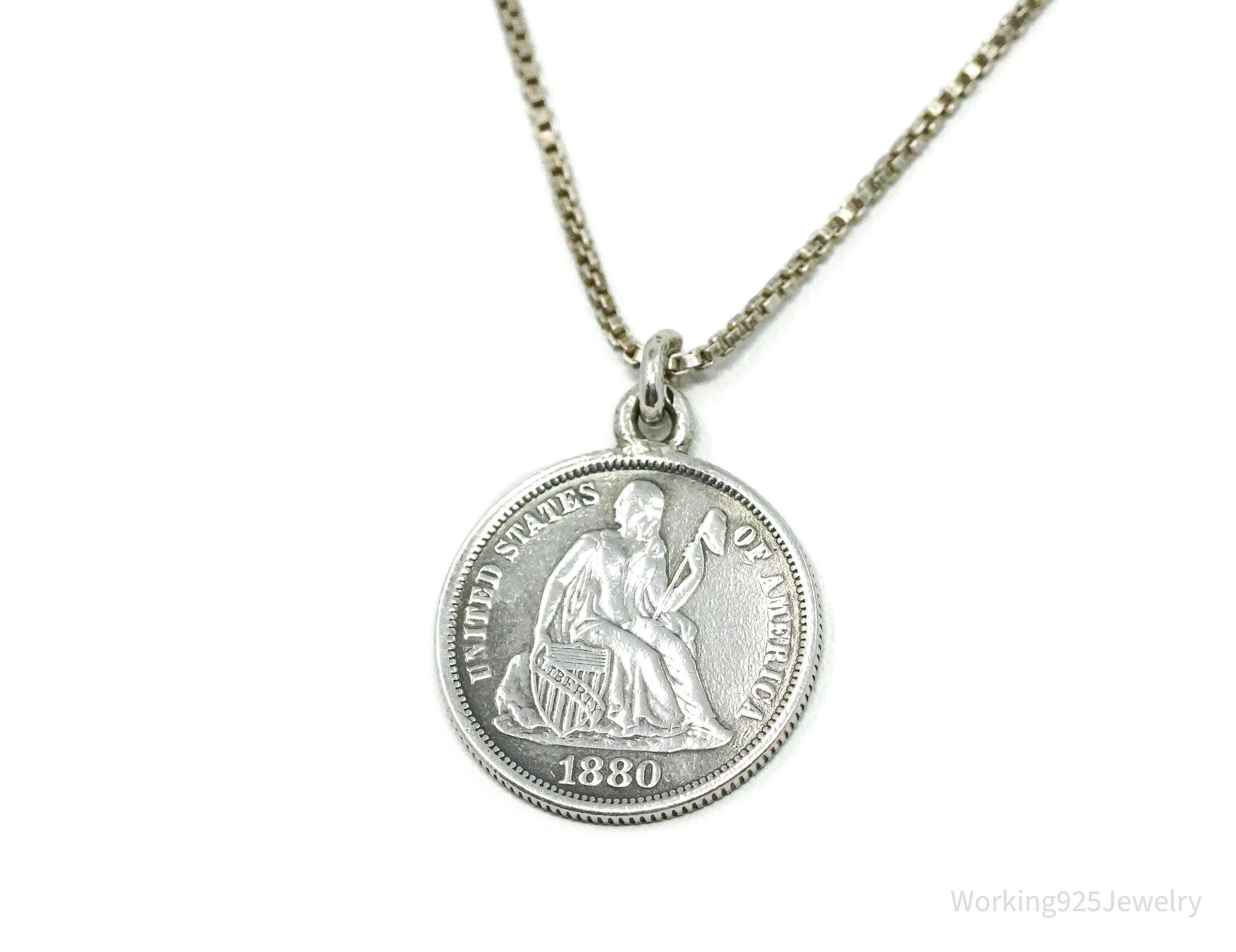 Antique Vintage 1880 Seated Liberty Dime Coin Sterling Silver Chain Necklace - 16"
