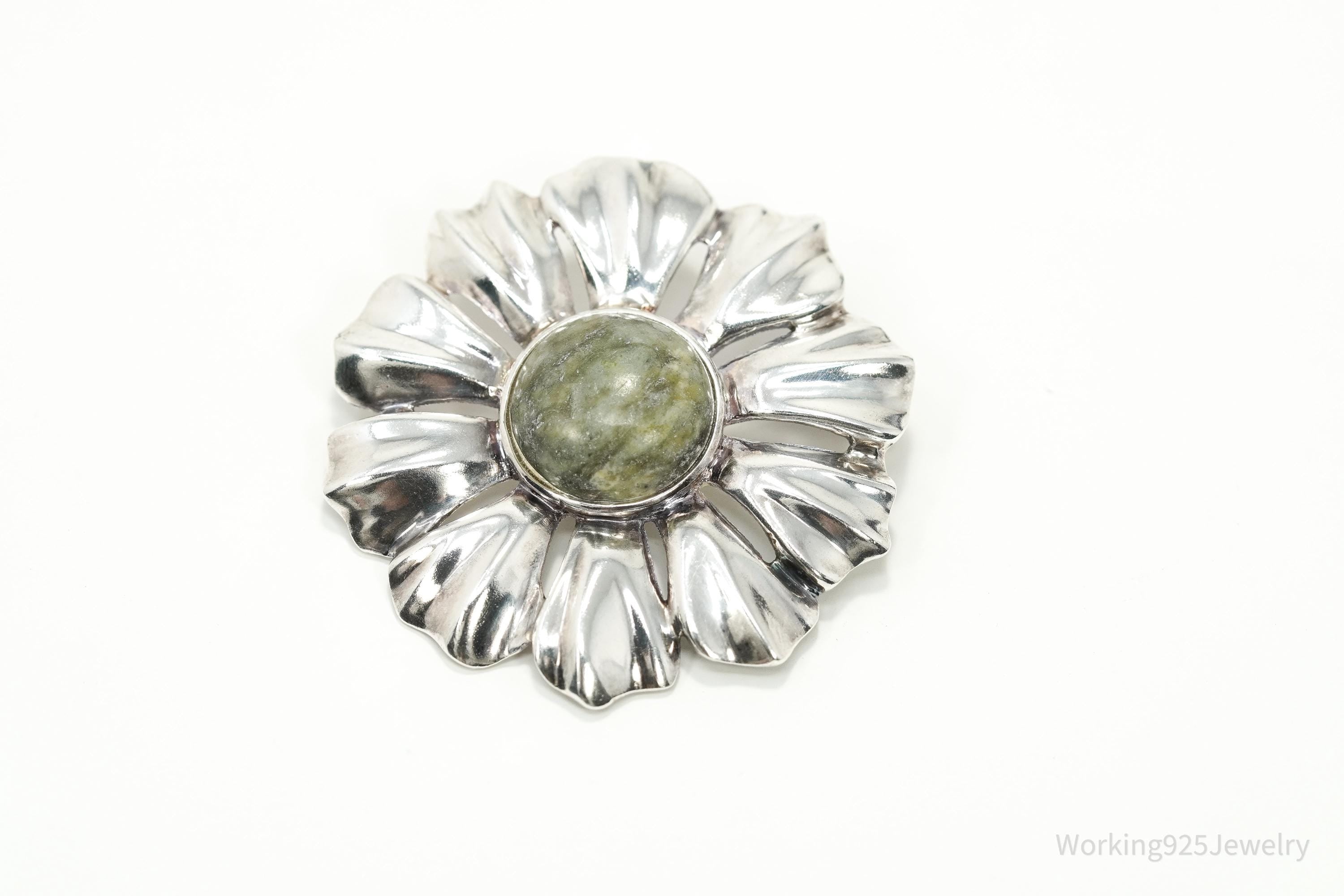 Large Vintage 1990s Connemara Marble Sterling Silver Flower Irish Brooch Pendant 1.75"