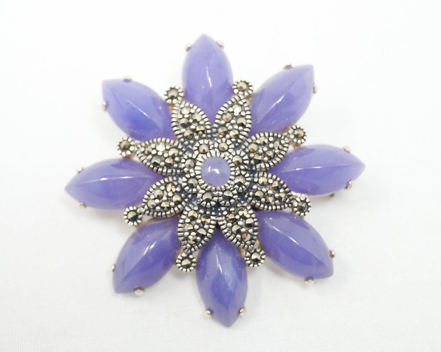 Vintage Purple Amethyst Marcasite Art Deco Style Sterling Brooch Pin