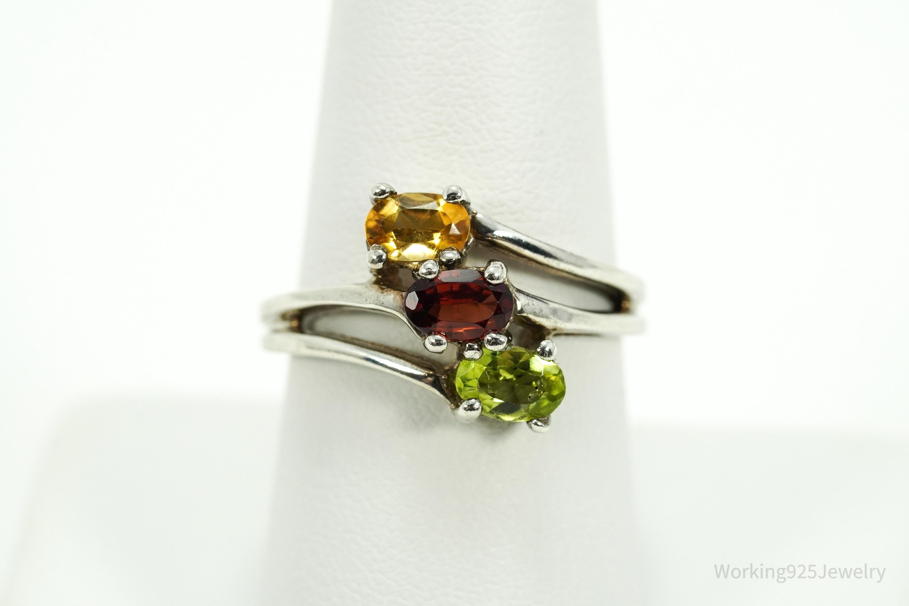 Vintage Citrine Garnet & Peridot Sterling Silver Ring - Size 9.25