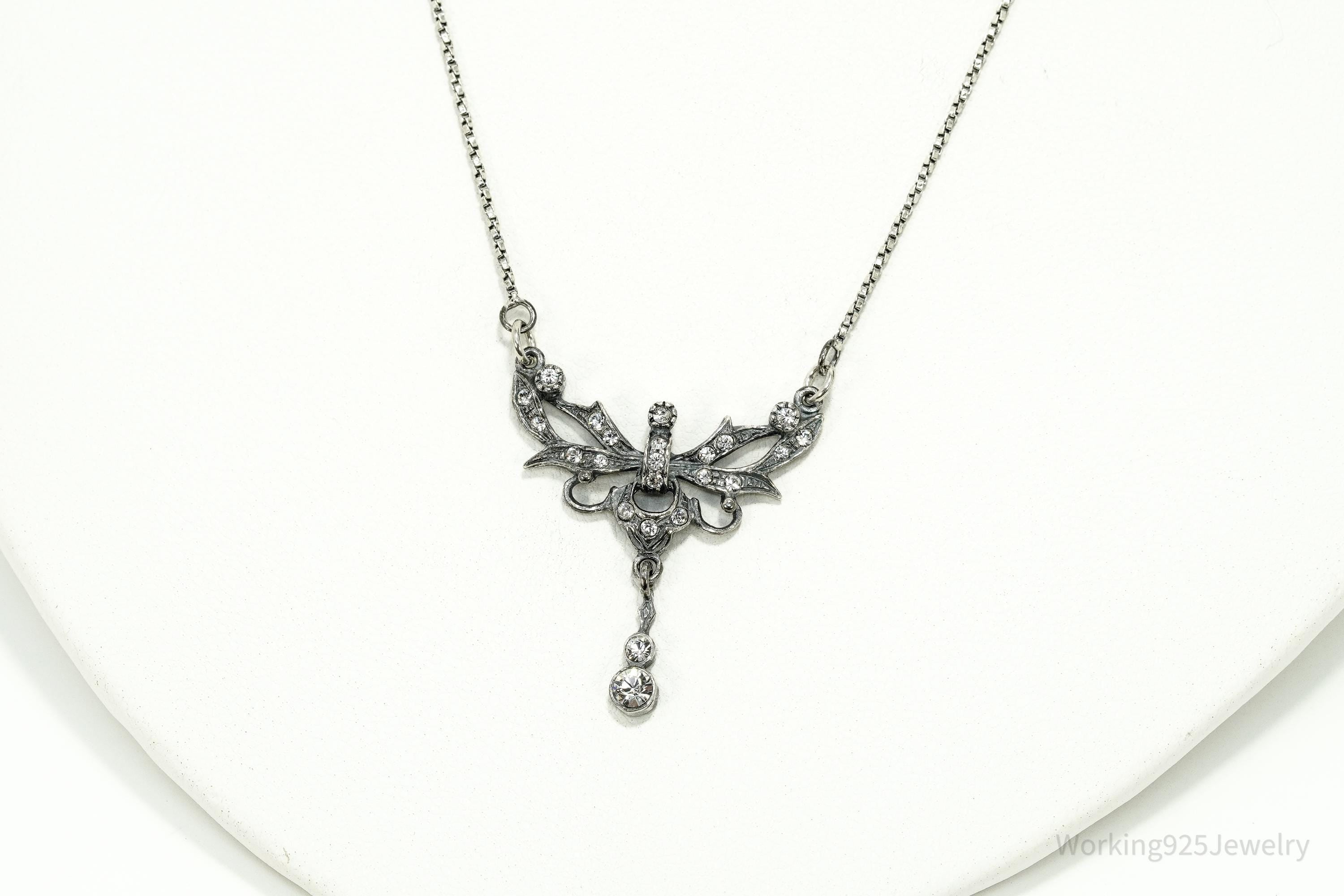 Vintage Art Nouveau Style Crystal Sterling Silver Necklace 15"