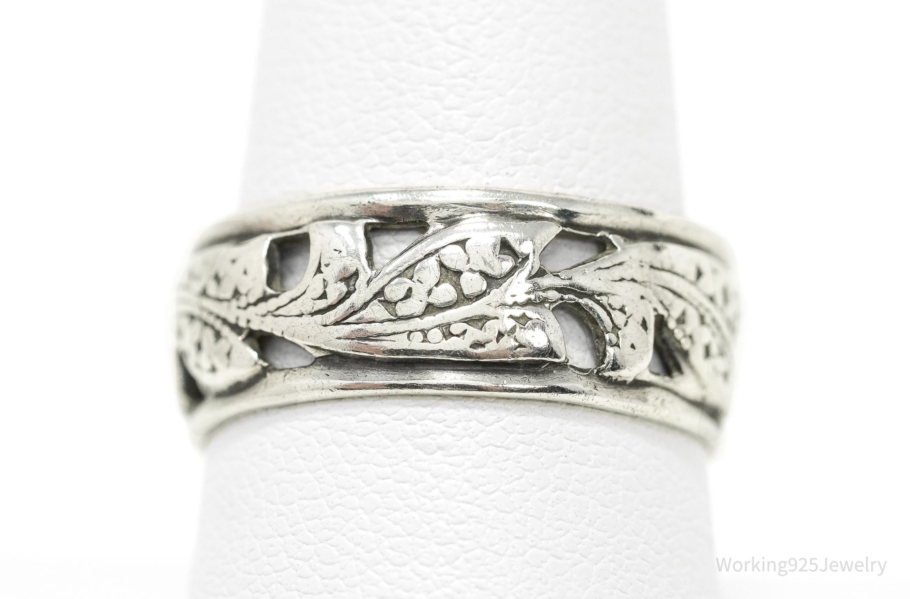 Antique Floral Pattern Sterling Silver Band Ring - Size 9.25