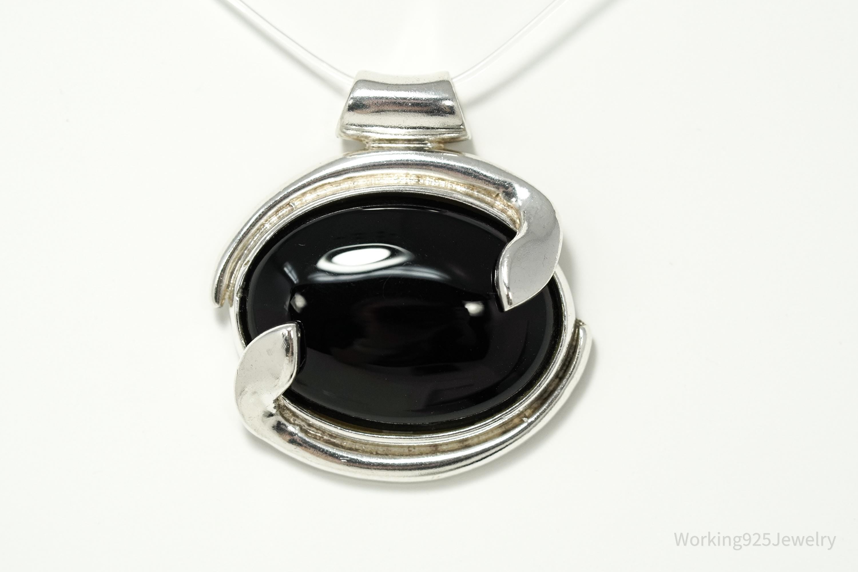 Large Vintage Modernist Style Black Onyx Sterling Silver Necklace Pendant 1.5"