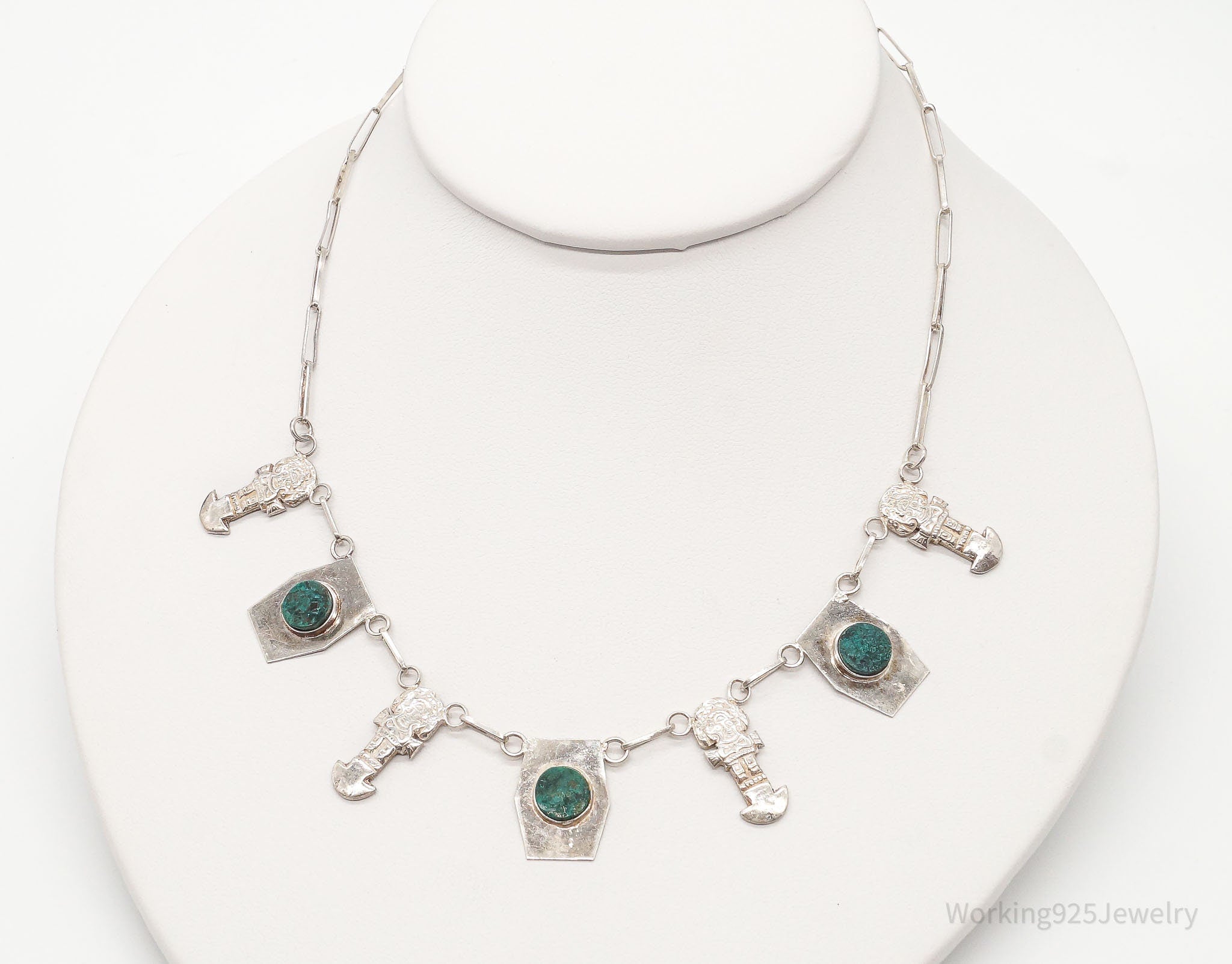 Vintage Chrysocolla Aztec Style Sterling Silver Necklace