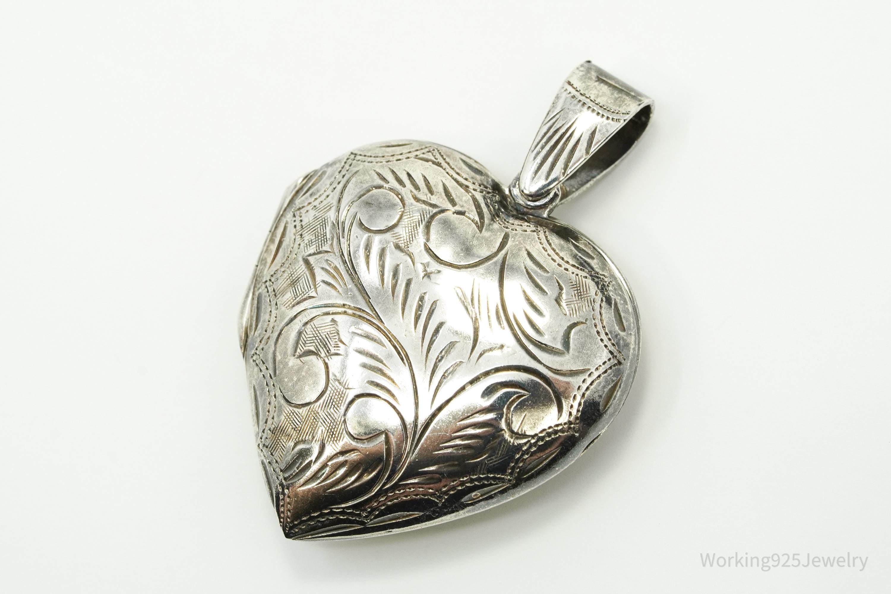 Vintage Etched Floral Heart Picture Locket Sterling Silver Pendant