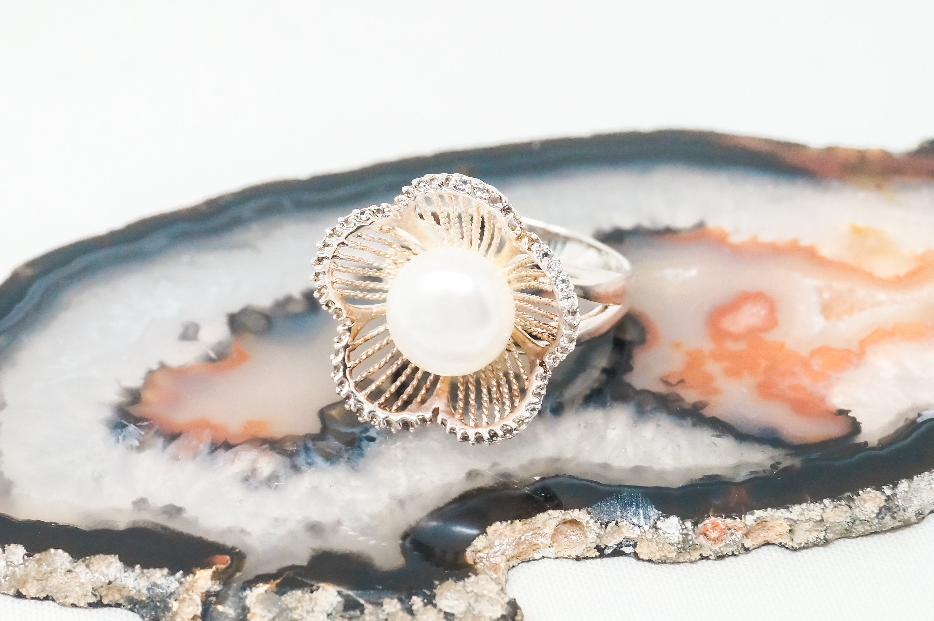 Vintage Designer GSJ Pearl Cubic Zirconia Flower Sterling Silver Ring - Sz 11