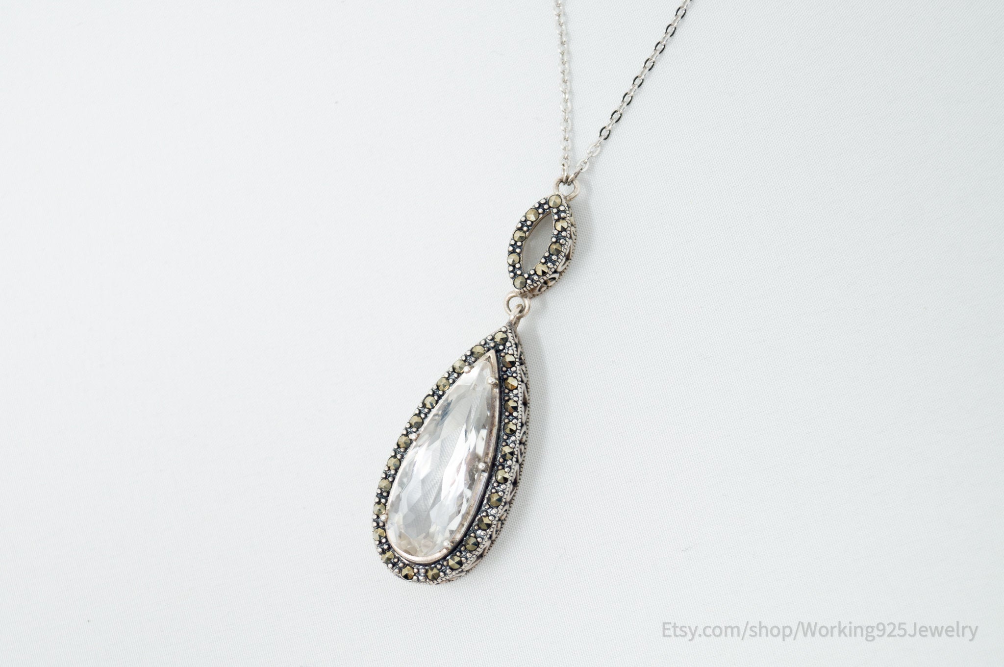 Vintage Marcasite Art Deco Cubic Zirconia Heart Scroll Sterling Silver Necklace