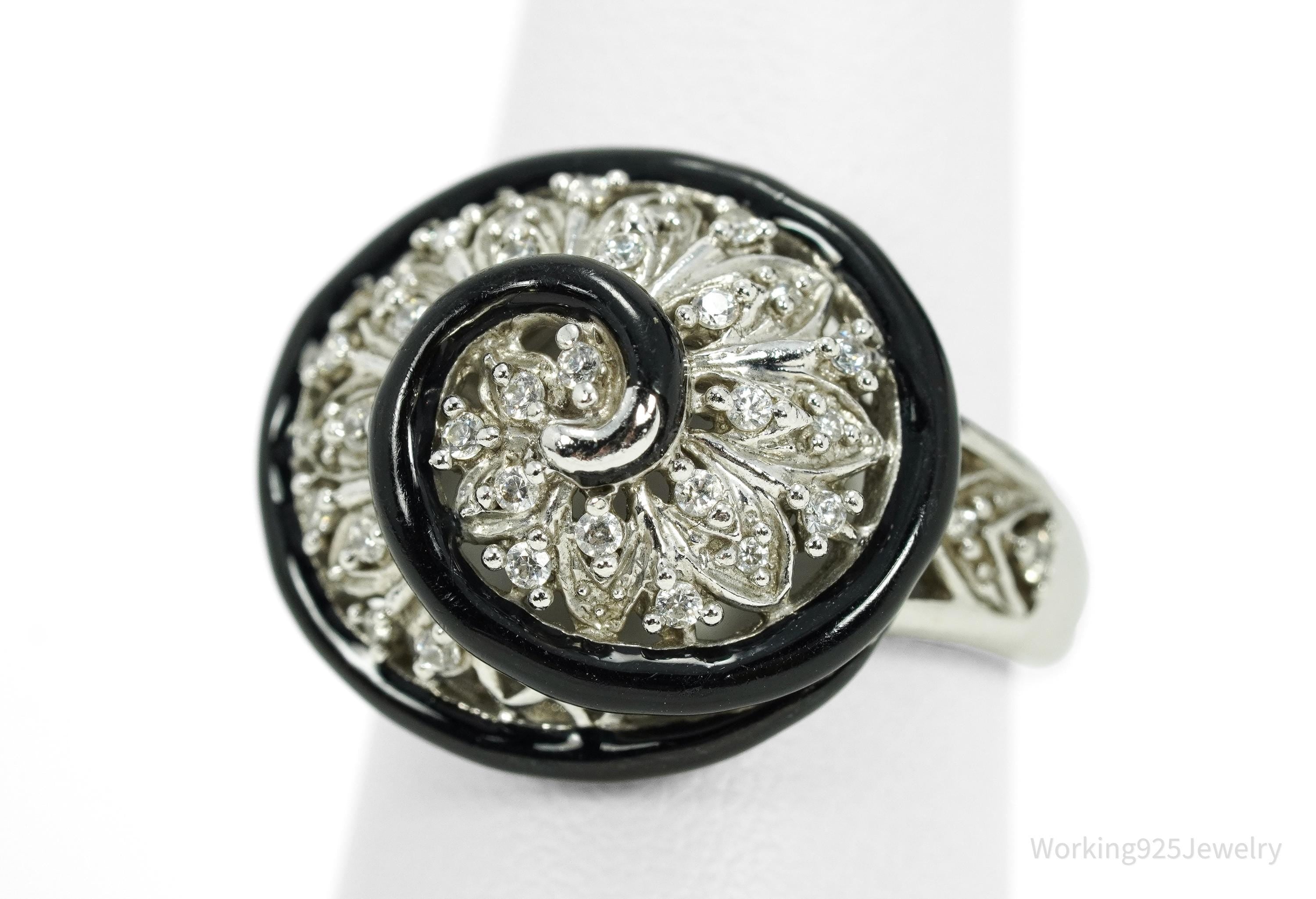 Vintage Designer Cubic Zirconia & Enamel Spiral Sterling Silver Ring - Size 7