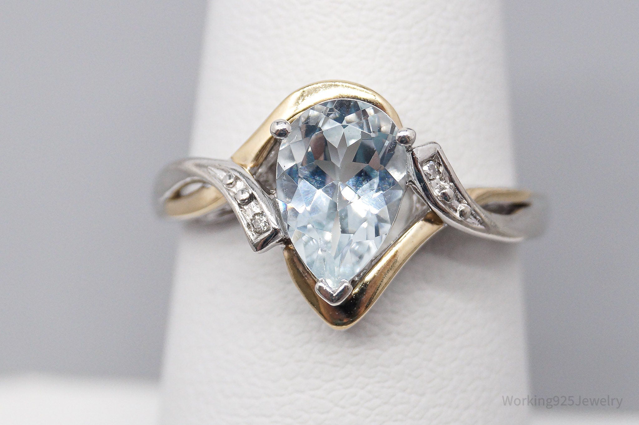 Vintage Alwand Vahan Aquamarine Diamond 10K Gold Sterling Silver Ring Size 7