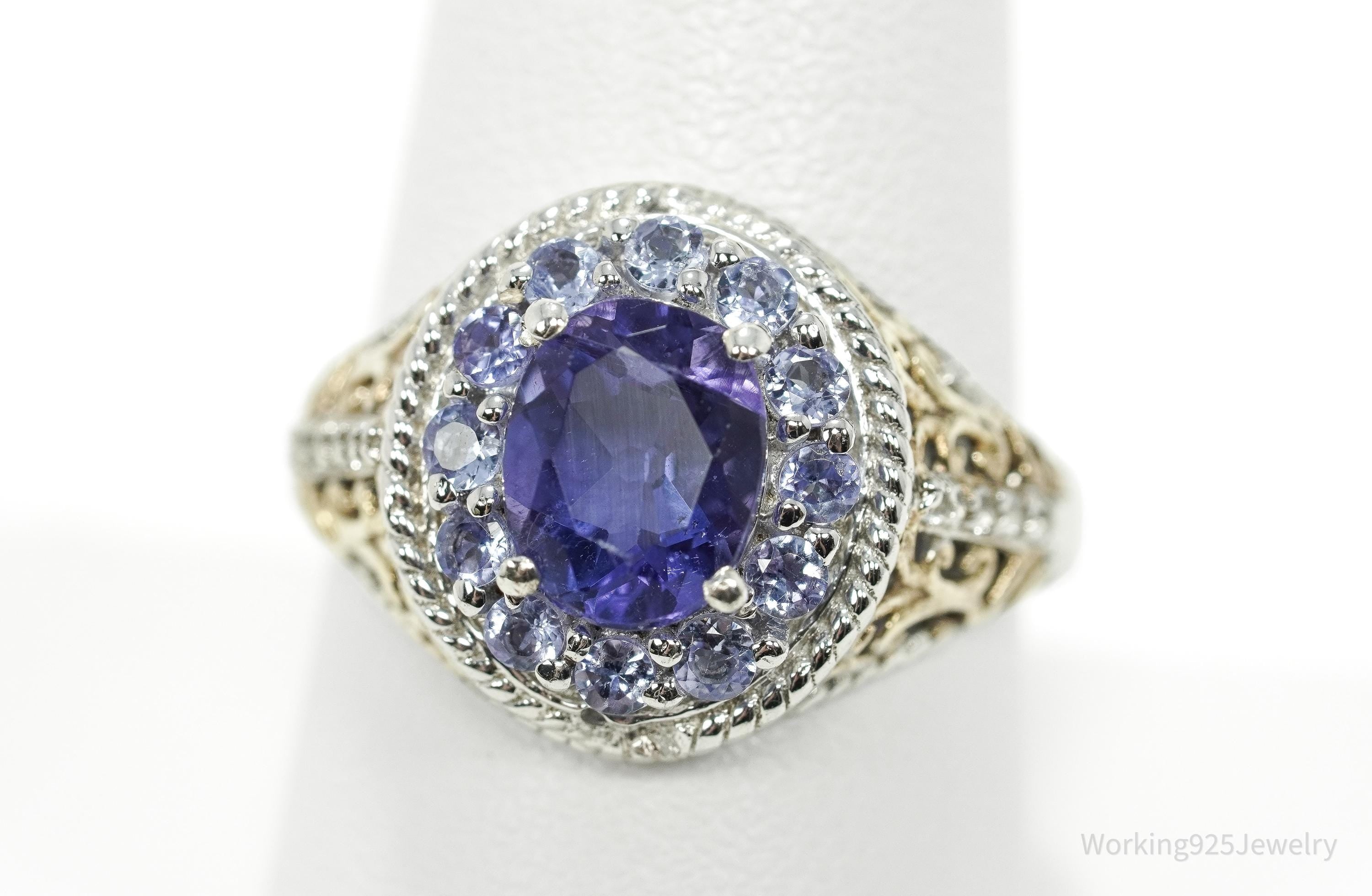 Vintage Tanzanite & White Topaz Gold Vermeil Sterling Silver Ring Size 9