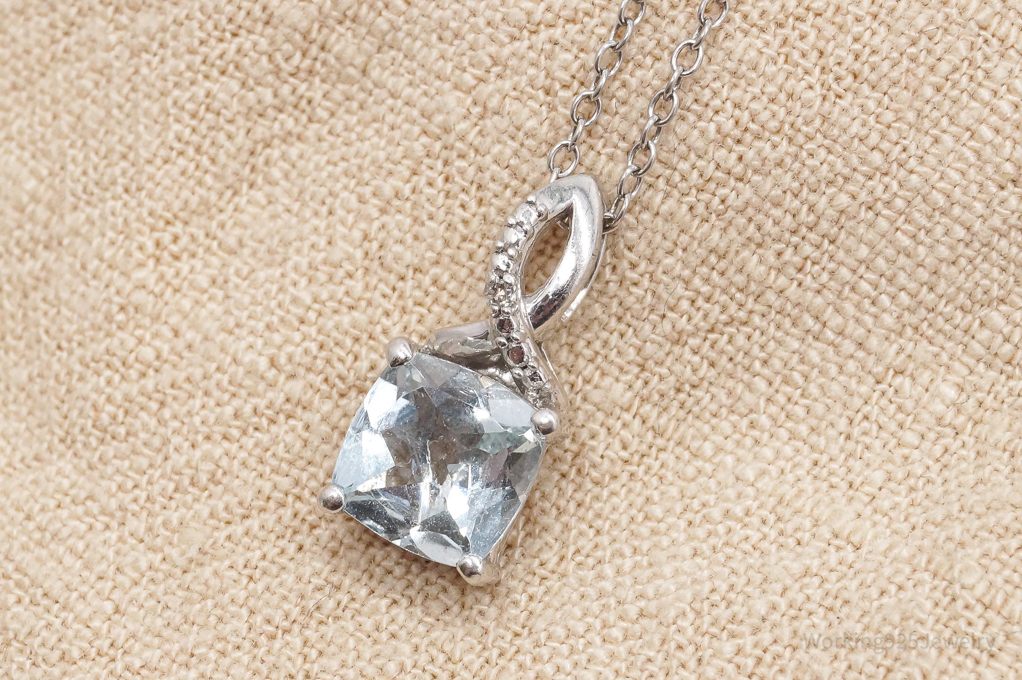 Vintage Aquamarine & Diamond Sterling Silver Necklace 18"