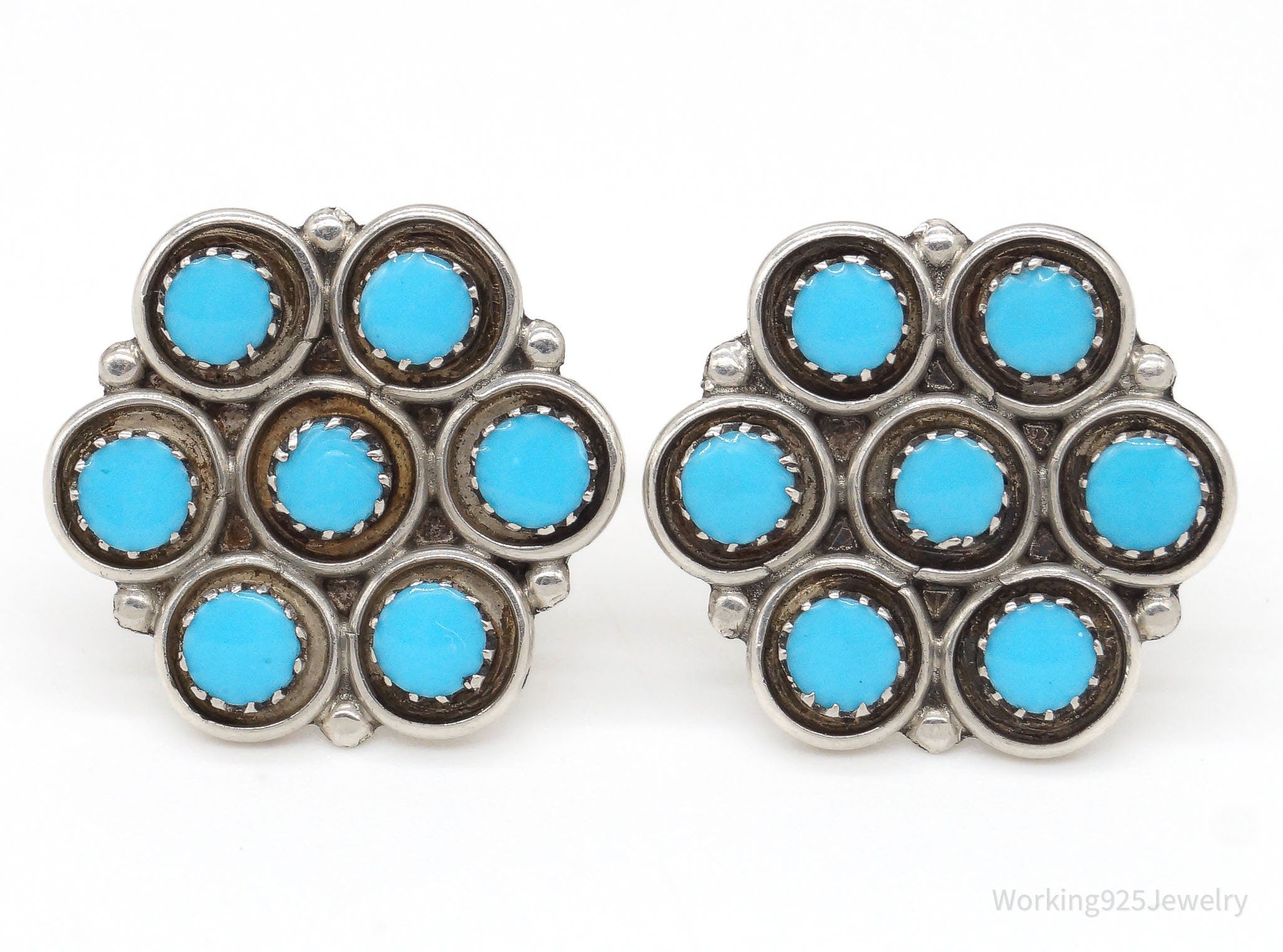 Vintage Native American Turquoise Petit Point Sterling Silver Earrings