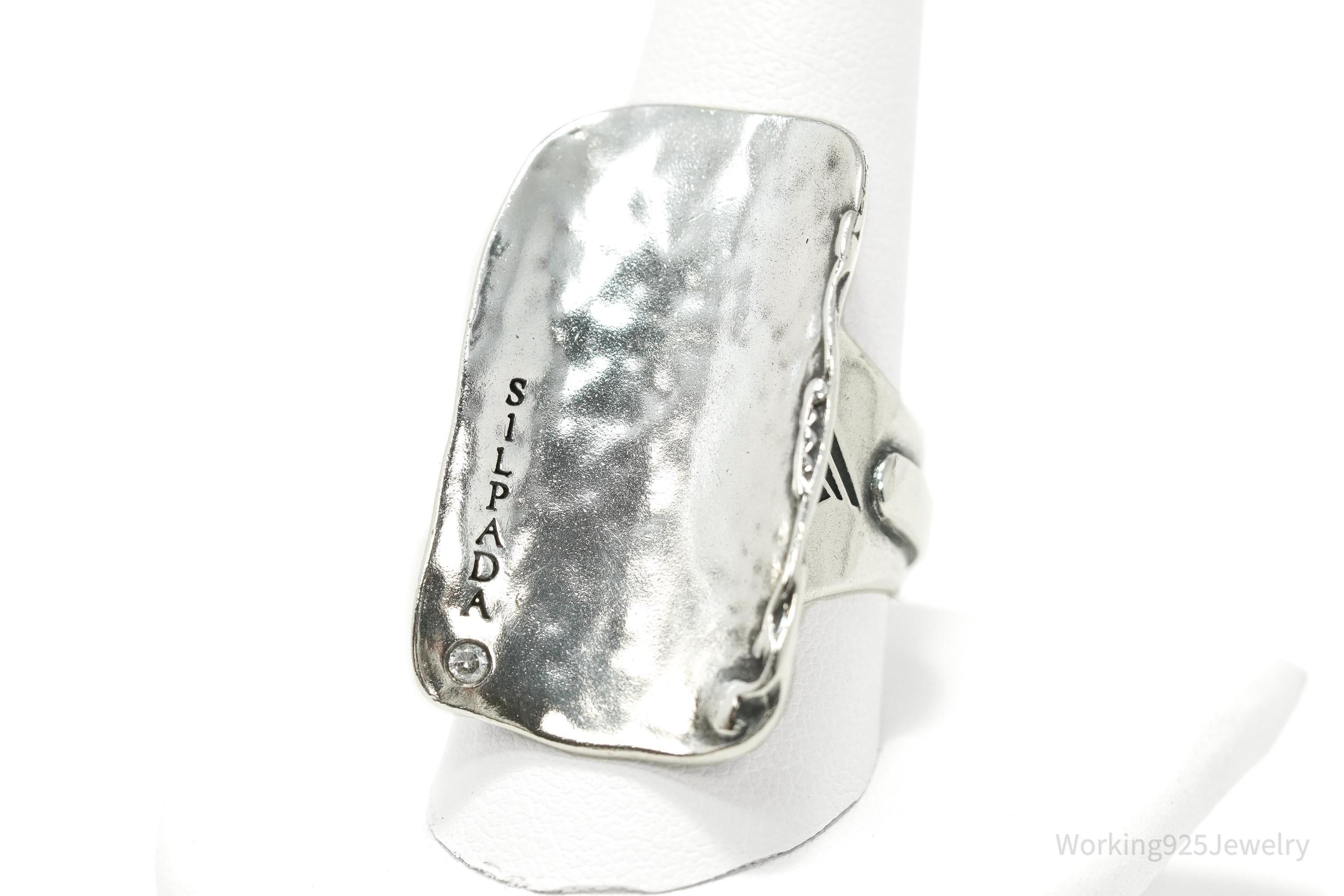 Designer Silpada Retired Rectangular CZ Logo Sterling Silver Ring Size 10.25