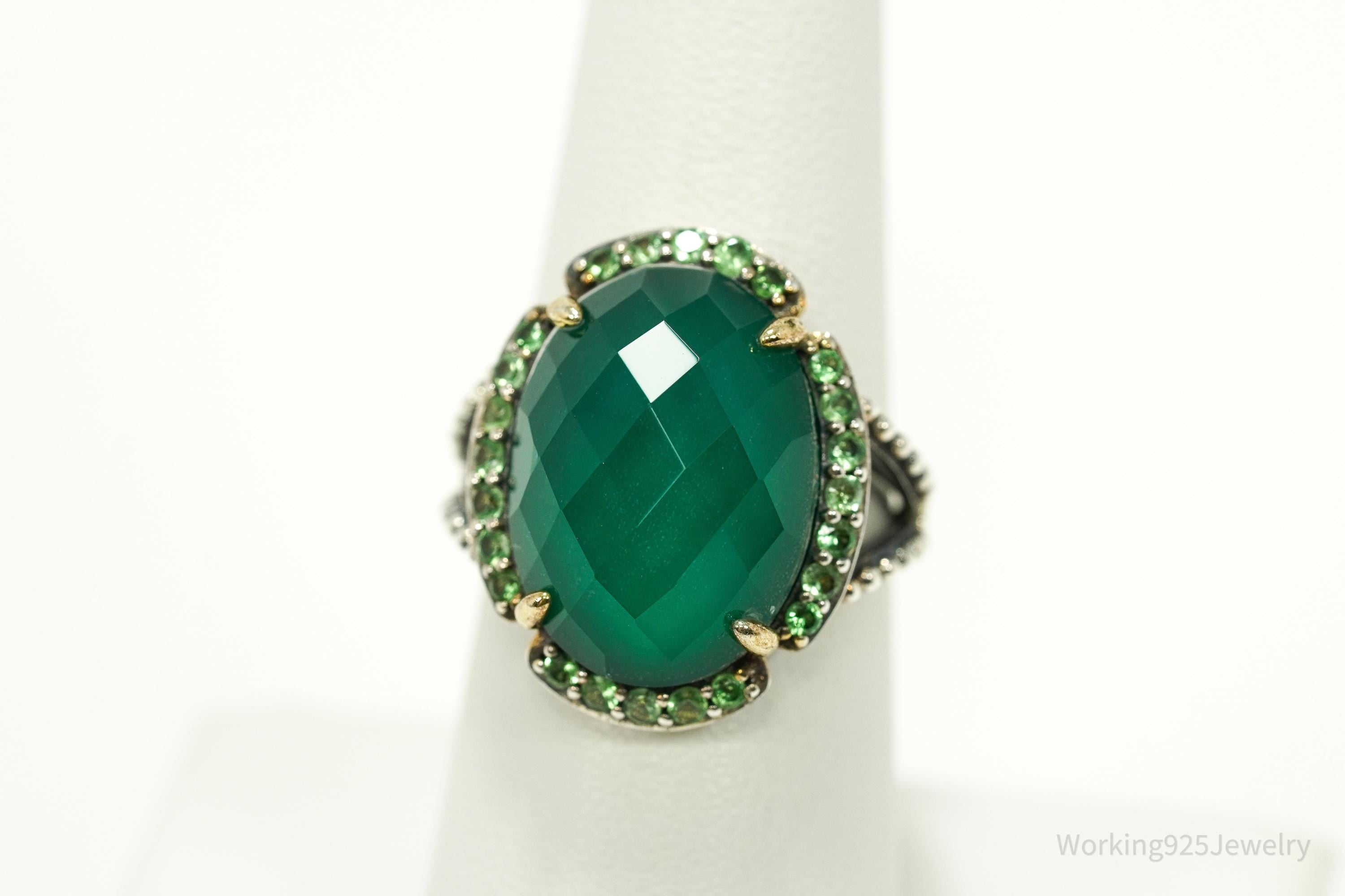 Vintage Green Chrysoprase & Peridot Gold Vermeil Sterling Silver Ring - Size 7