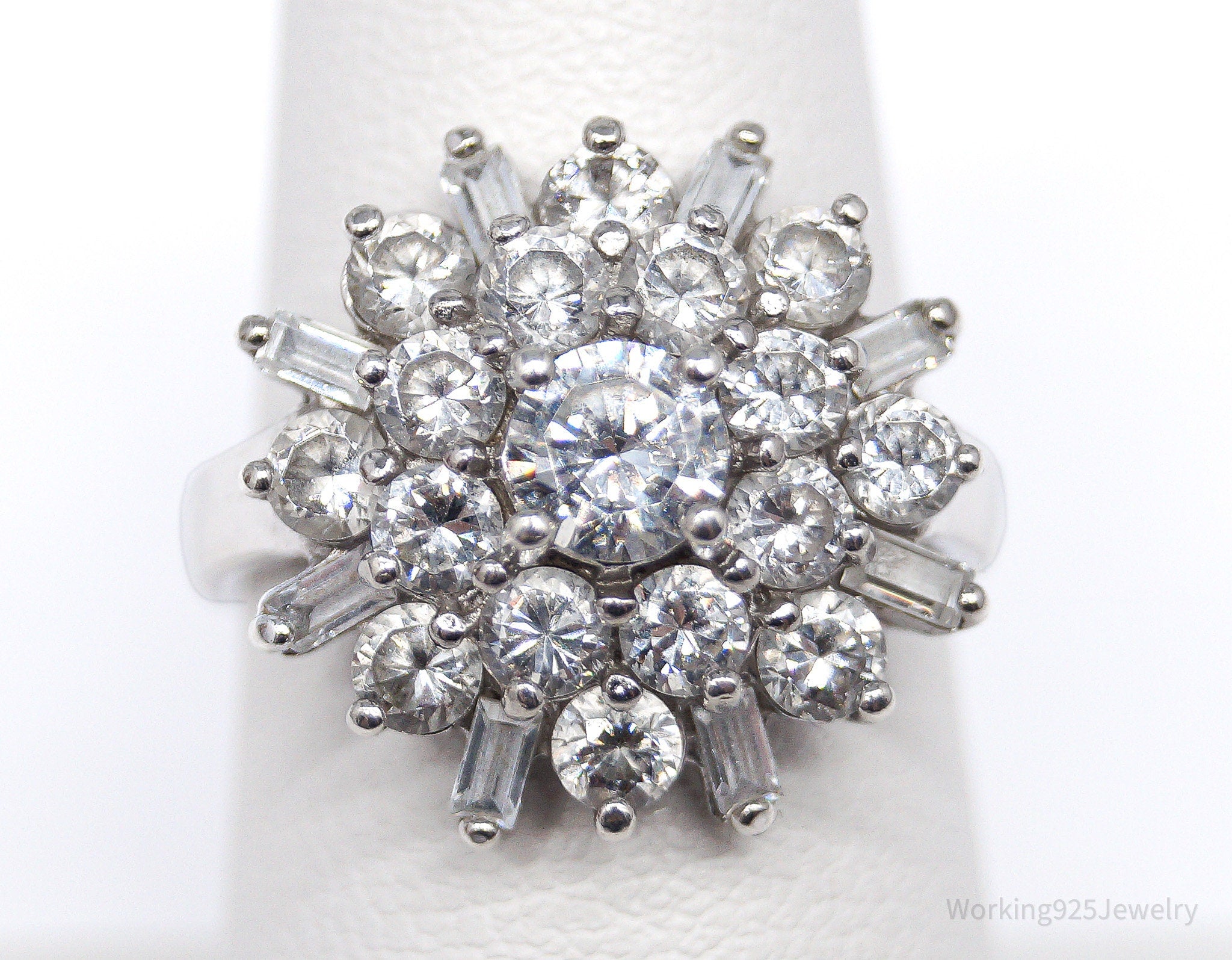 Vintage Ballerina Cluster Cubic Zirconia Sterling Silver Ring - Size 7.25