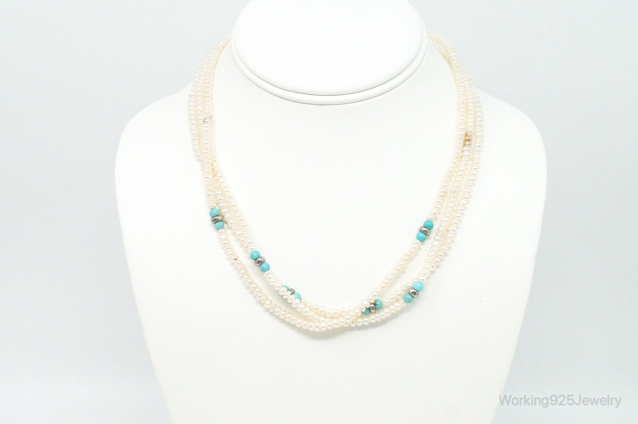 Vintage Native American Turquoise & Pearl Sterling Silver Bead Necklace