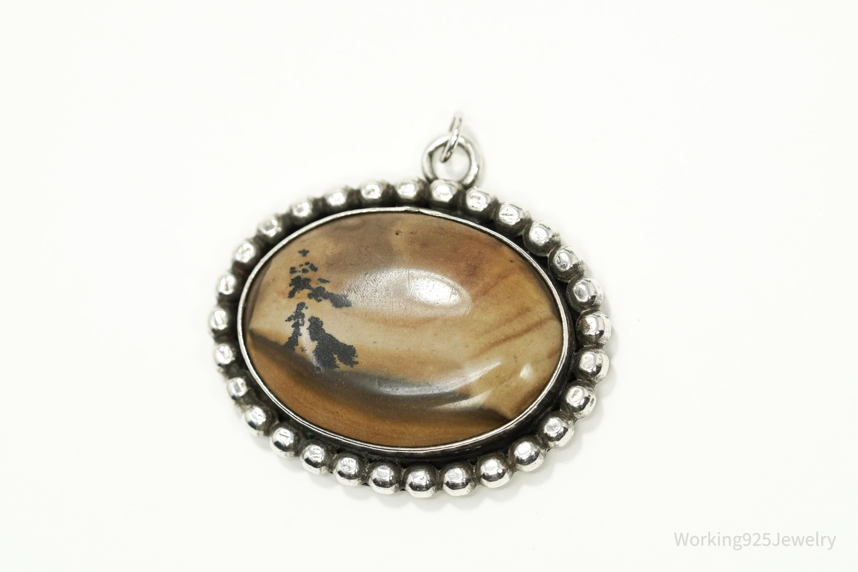 Vintage 1970s Picture Jasper Silver Necklace Pendant 1 3/8"
