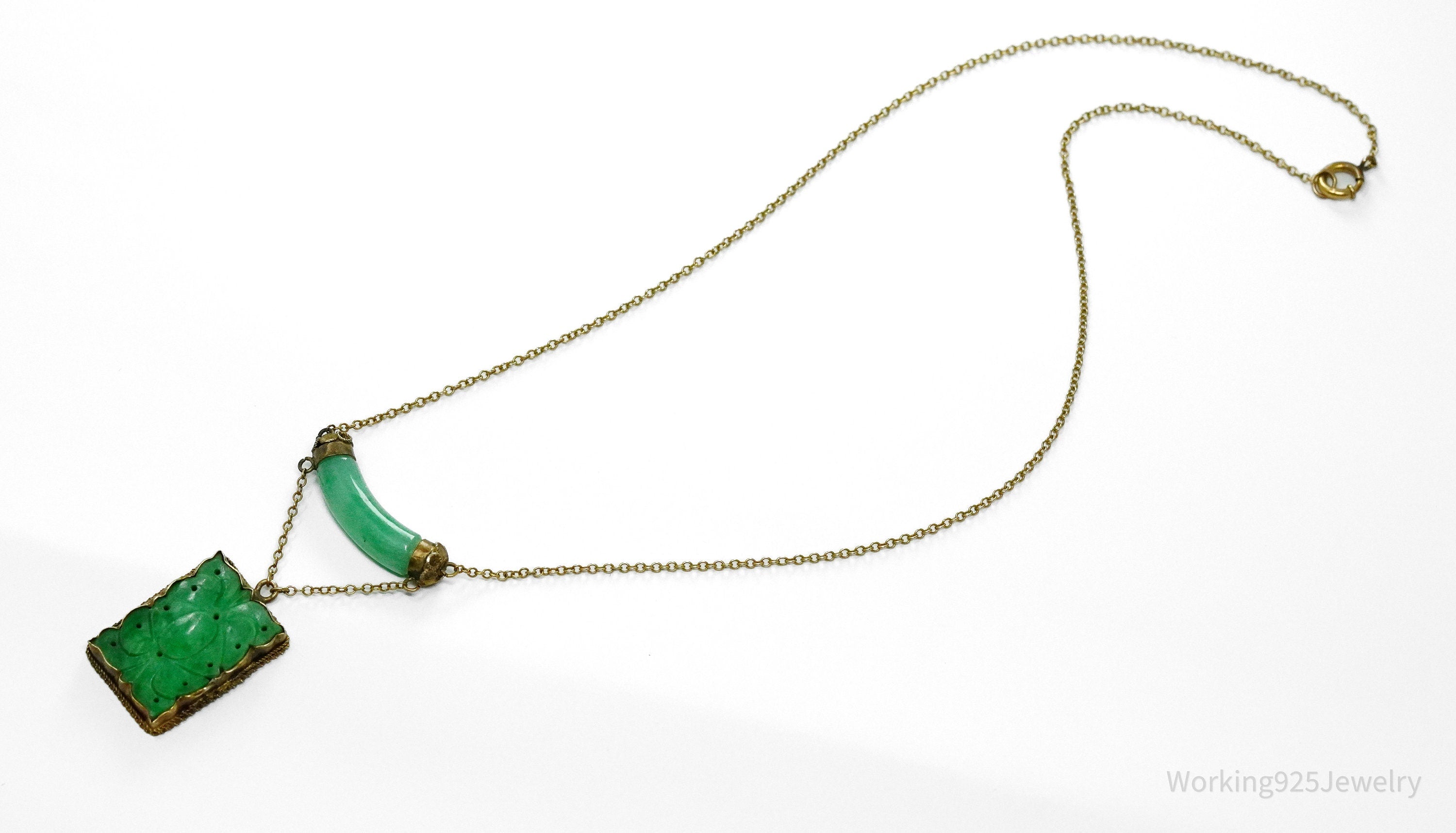 14K Yellow Gold & Carved Jadeite Jade Tablet Necklace 15"