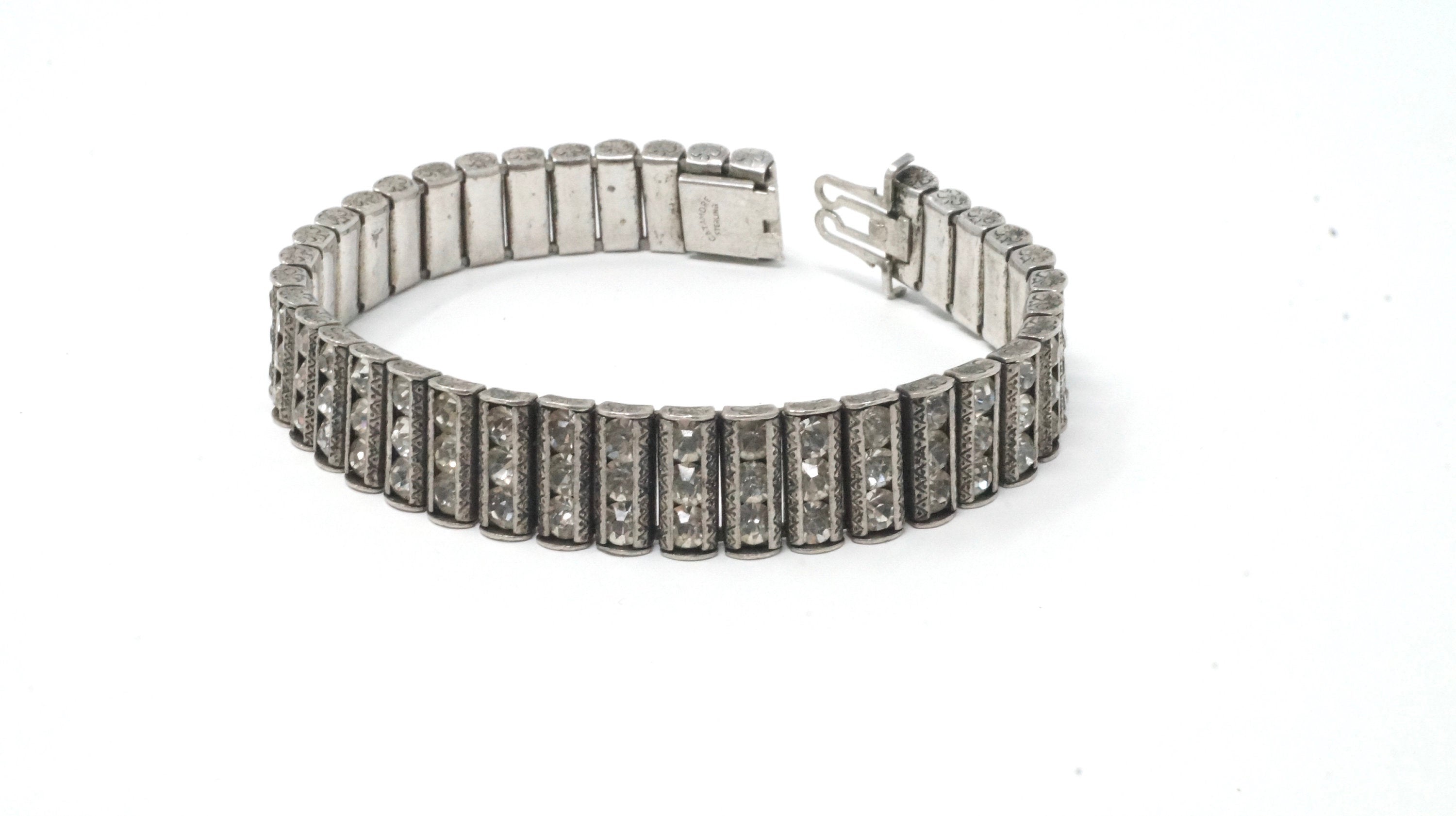 Vtg Designer Catamore 1940s Sterling Silver Rhinestone Art Deco Channel Bracelet