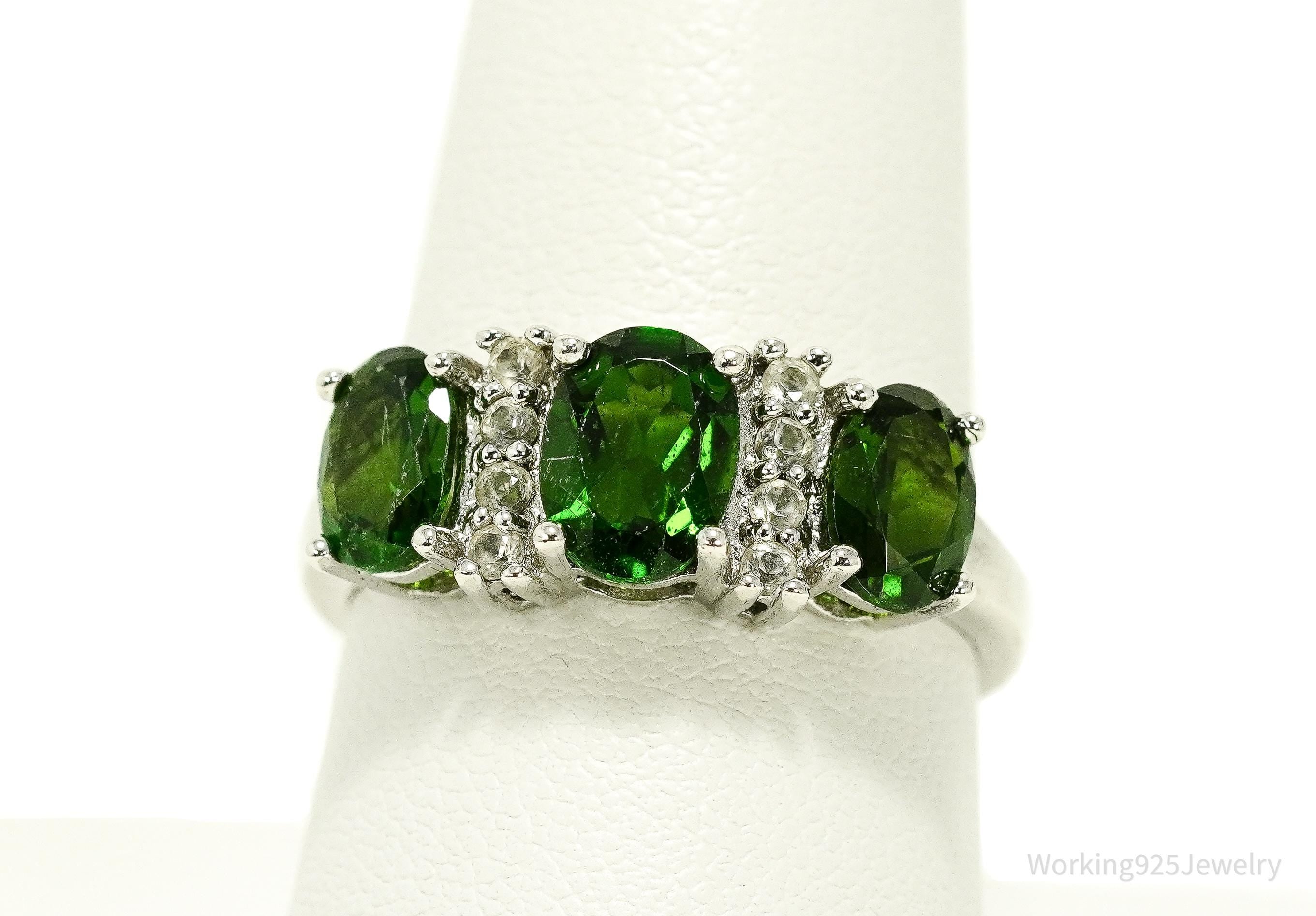 Green Chrome Diopside & White Topaz Sterling Silver Ring - Size 8.75