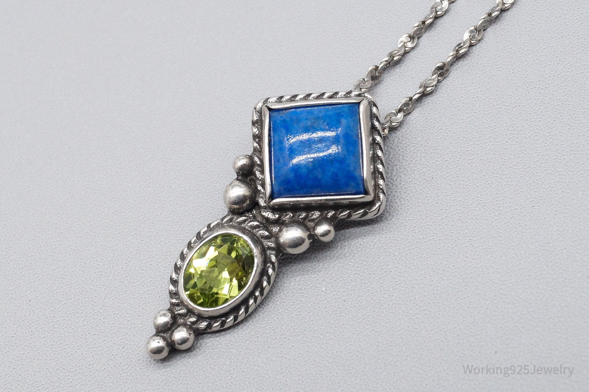 Vintage Lapis Lazuli Peridot Sterling Silver Necklace 20"