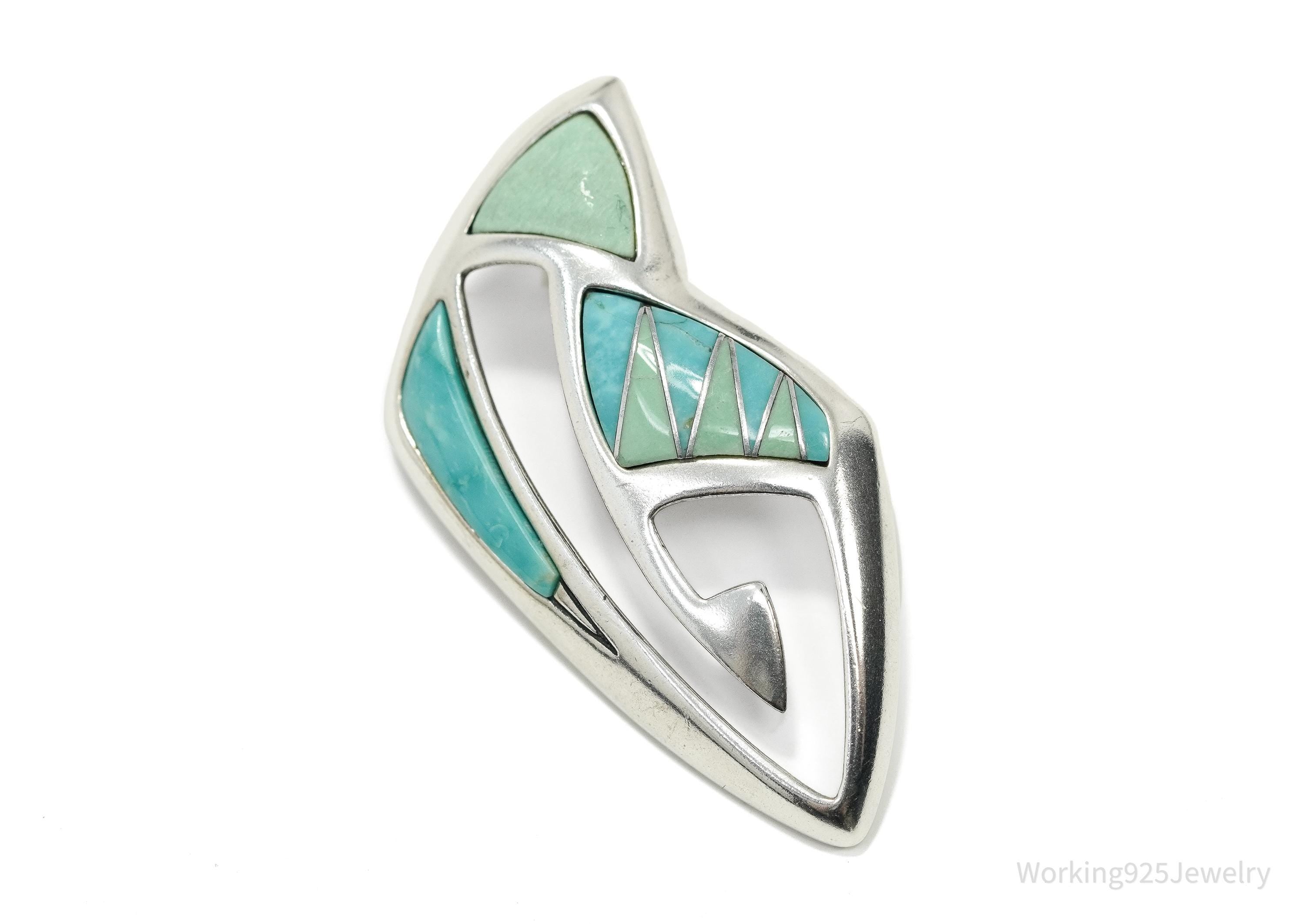VTG Native Designer Carolyn Pollack Relios Turquoise Inlay Sterling Silver Pendant 1 9/16"
