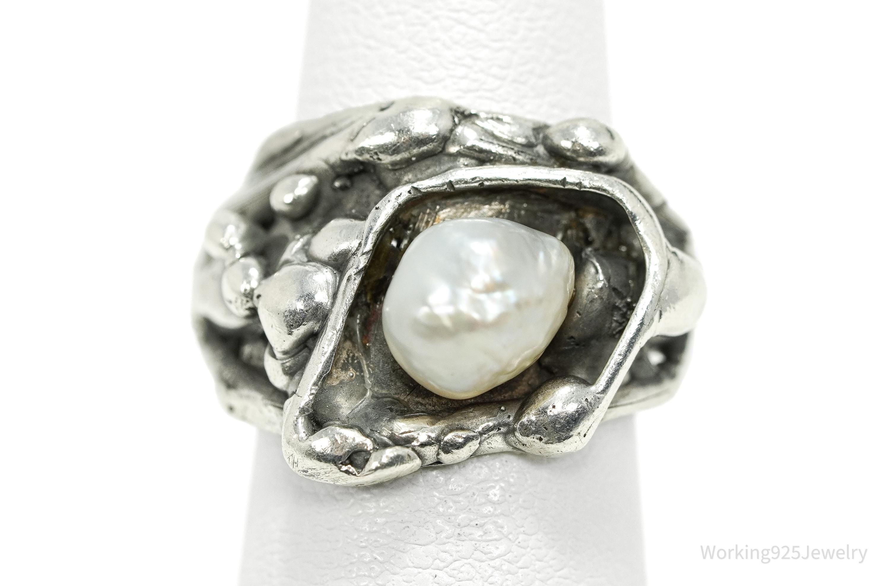 Vintage Brutalist Modernist Pearl Silver Ring - Size 5