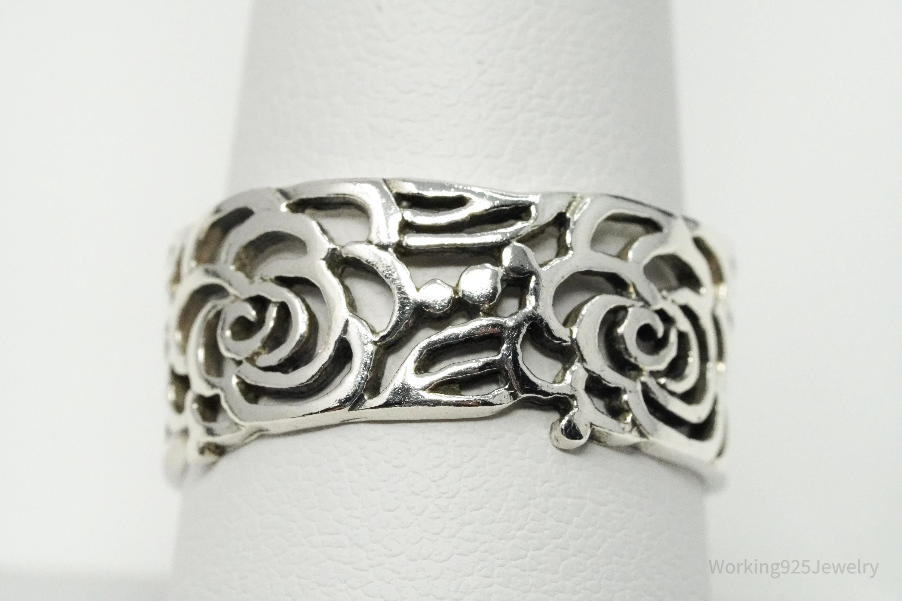 Vintage Roses Cut Out Sterling Silver Band Ring - Size 9.5
